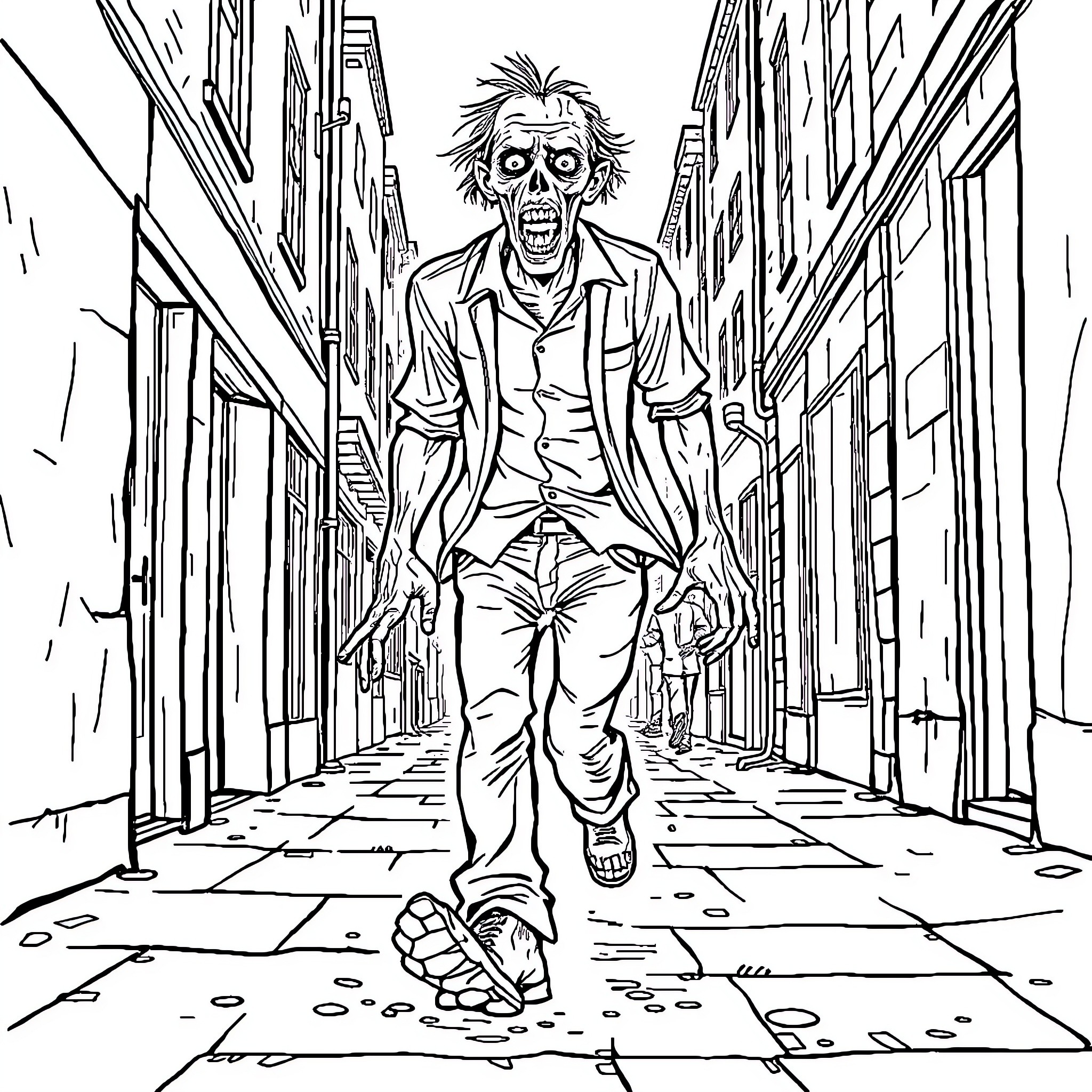 Zombie Businessman Stalking the Desolate City Streets Coloring Page (free black-and-white line drawing printable PDF for all, from beginners to advanced learners, including children, teens, adults, and seniors)