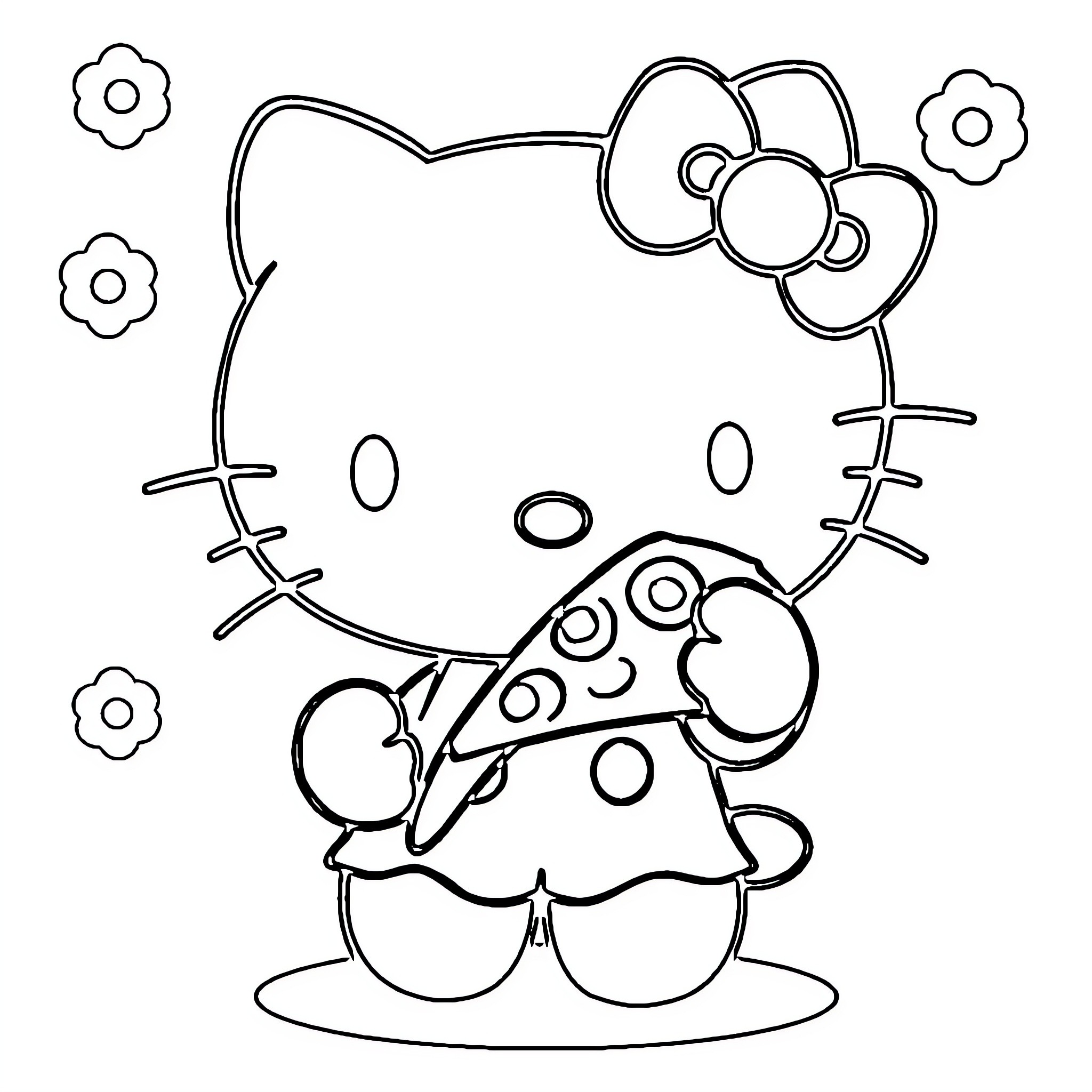 Hello Kitty enjoying a mushroom treat Coloring Page (free black-and-white line drawing printable PDF for all, from beginners to advanced learners, including children, teens, adults, and seniors)