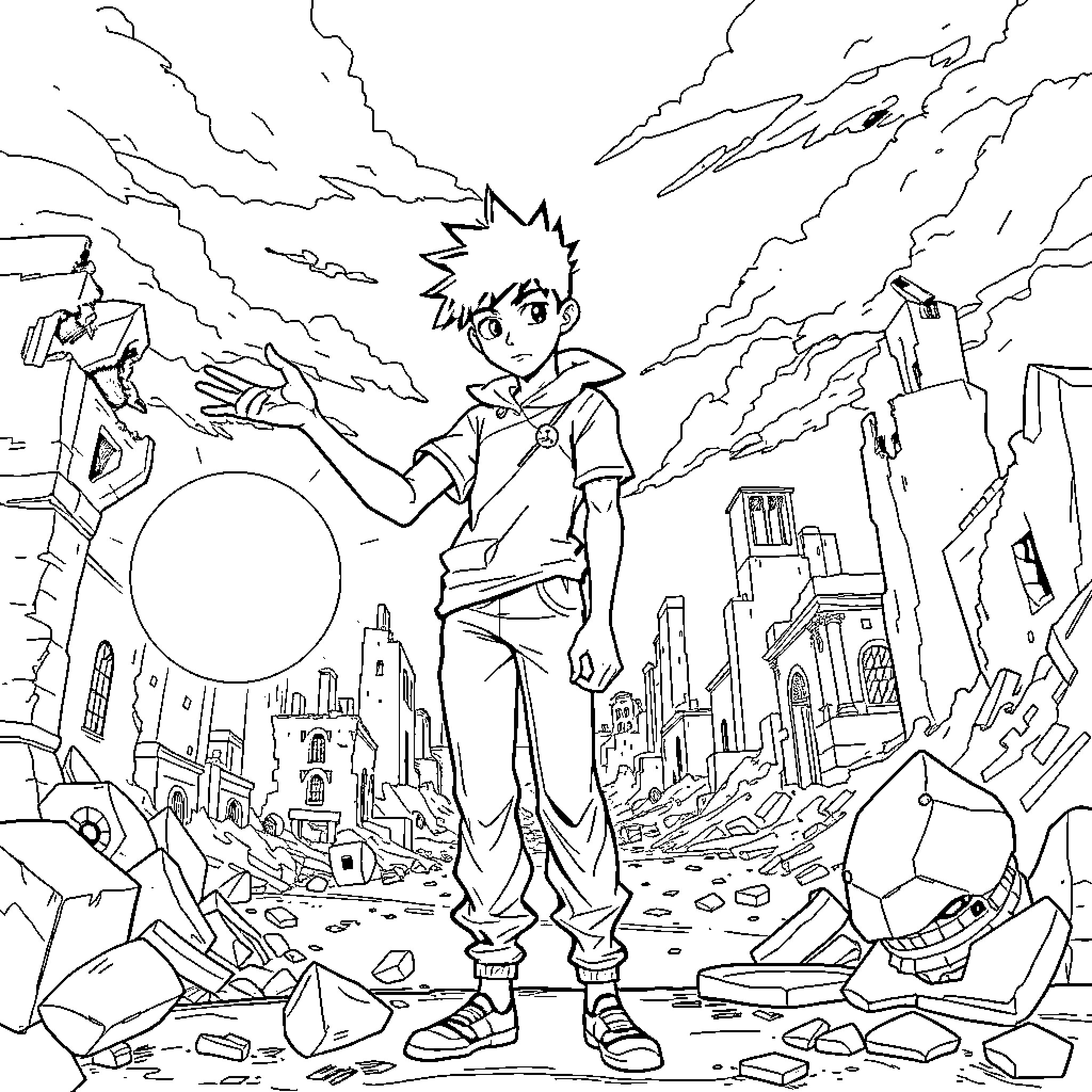 Anime Character Battling in Apocalyptic Cityscape Coloring Page (free black-and-white line drawing printable PDF for all, from beginners to advanced learners, including children, teens, adults, and seniors)