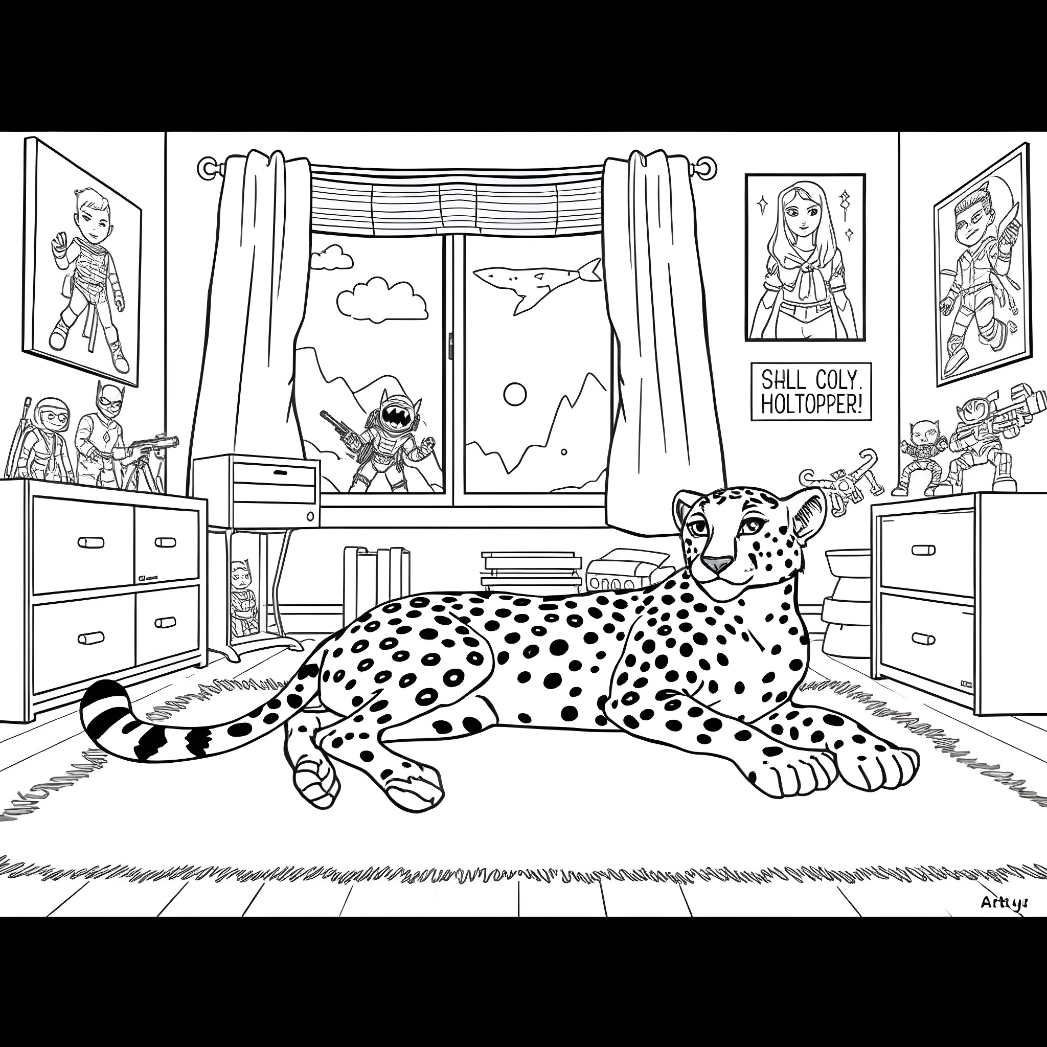 Cheetah lounging in a kid's bedroom Coloring Page (free black-and-white line drawing printable PDF for all, from beginners to advanced learners, including children, teens, adults, and seniors)