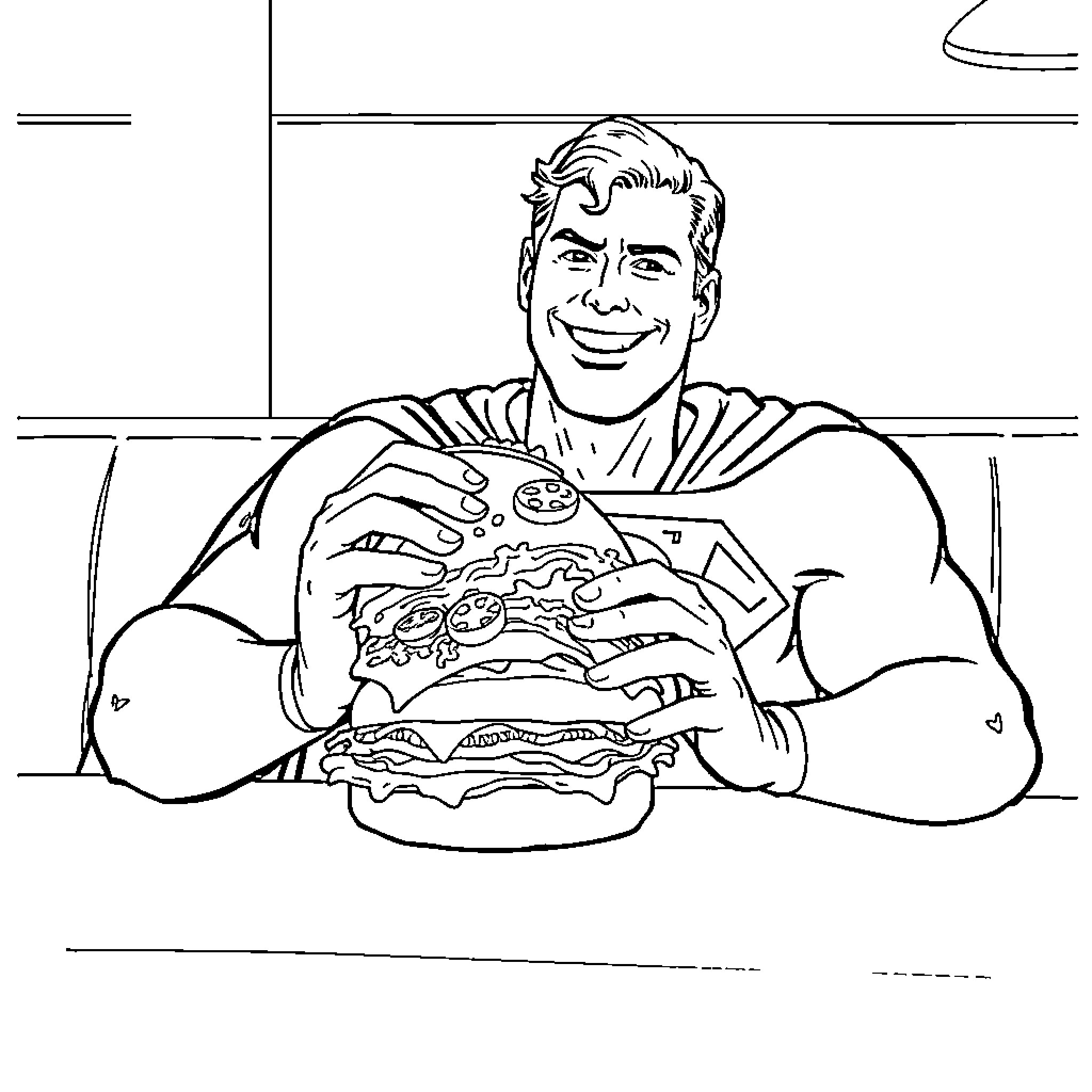 Superman enjoys a super-sized burger Coloring Page (free black-and-white line drawing printable PDF for all, from beginners to advanced learners, including children, teens, adults, and seniors)