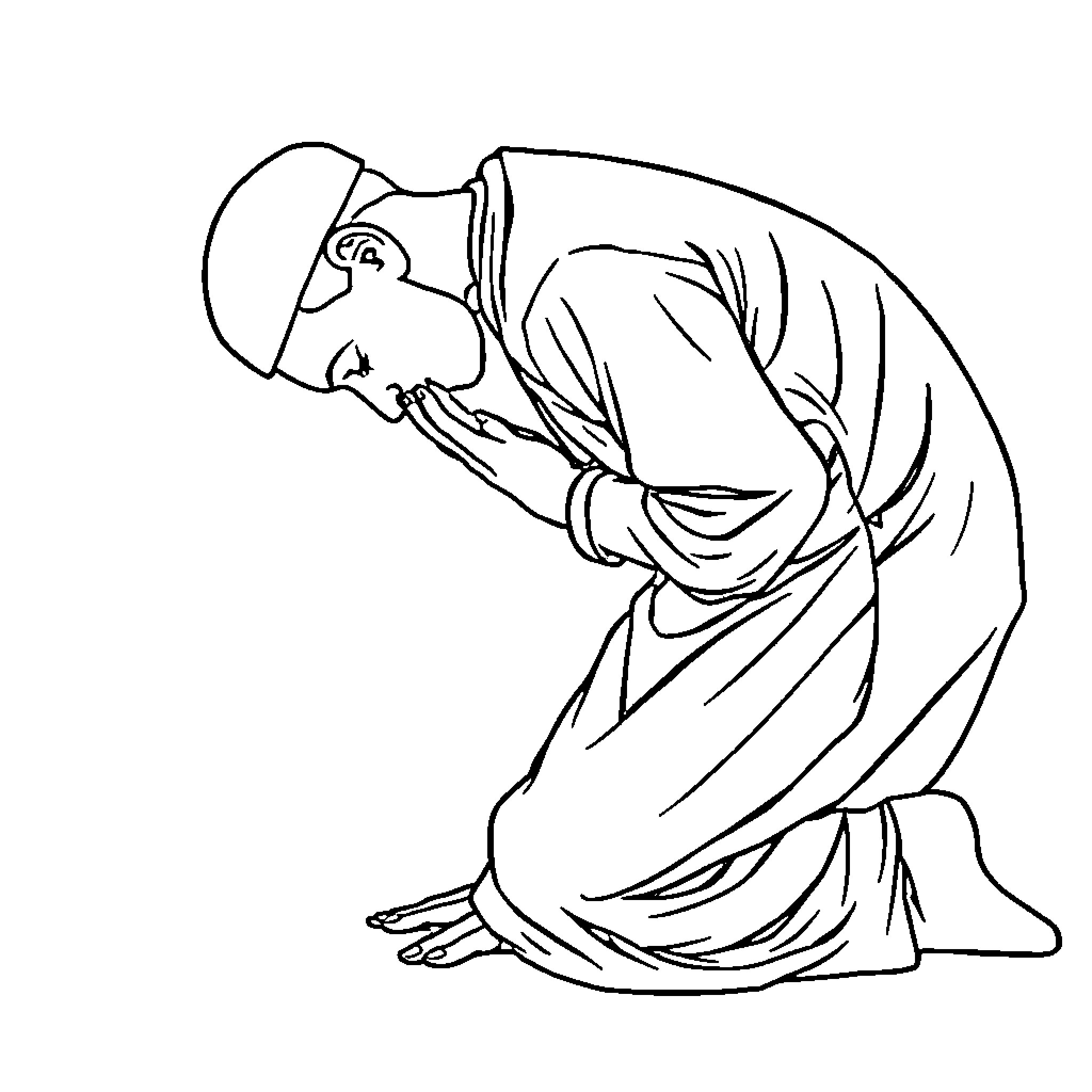Muslim Man Praying Devoutly Coloring Page (free black-and-white line drawing printable PDF for all, from beginners to advanced learners, including children, teens, adults, and seniors)