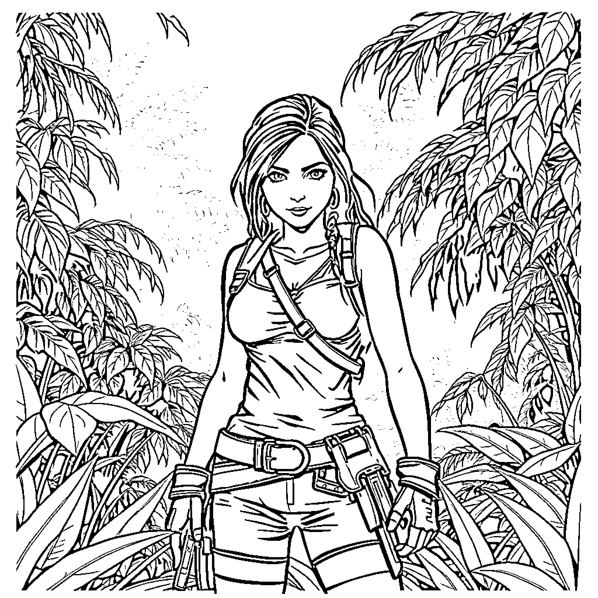 Lara Croft exploring the jungle adventure Coloring Page (free black-and-white line drawing printable PDF for all, from beginners to advanced learners, including children, teens, adults, and seniors)