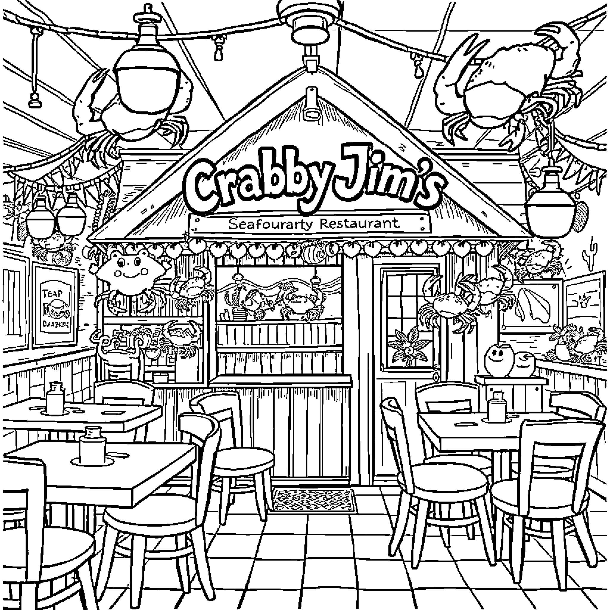 Crabby Jim's Seafoury Restaurant Coloring Page (free black-and-white line drawing printable PDF for all, from beginners to advanced learners, including children, teens, adults, and seniors)