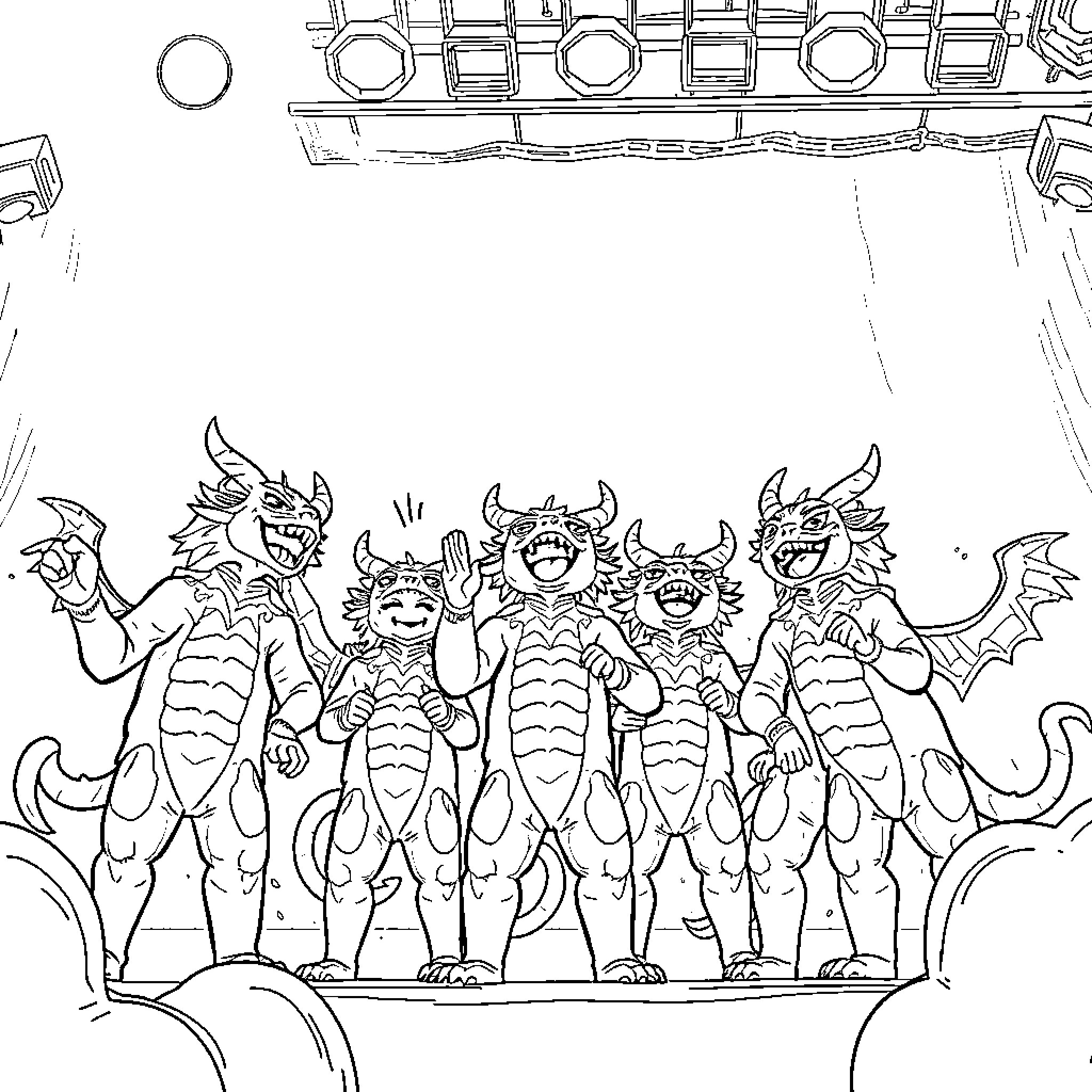 K Pop Cartoon Monsters Performing on Stage Coloring Page (free black-and-white line drawing printable PDF for all, from beginners to advanced learners, including children, teens, adults, and seniors)
