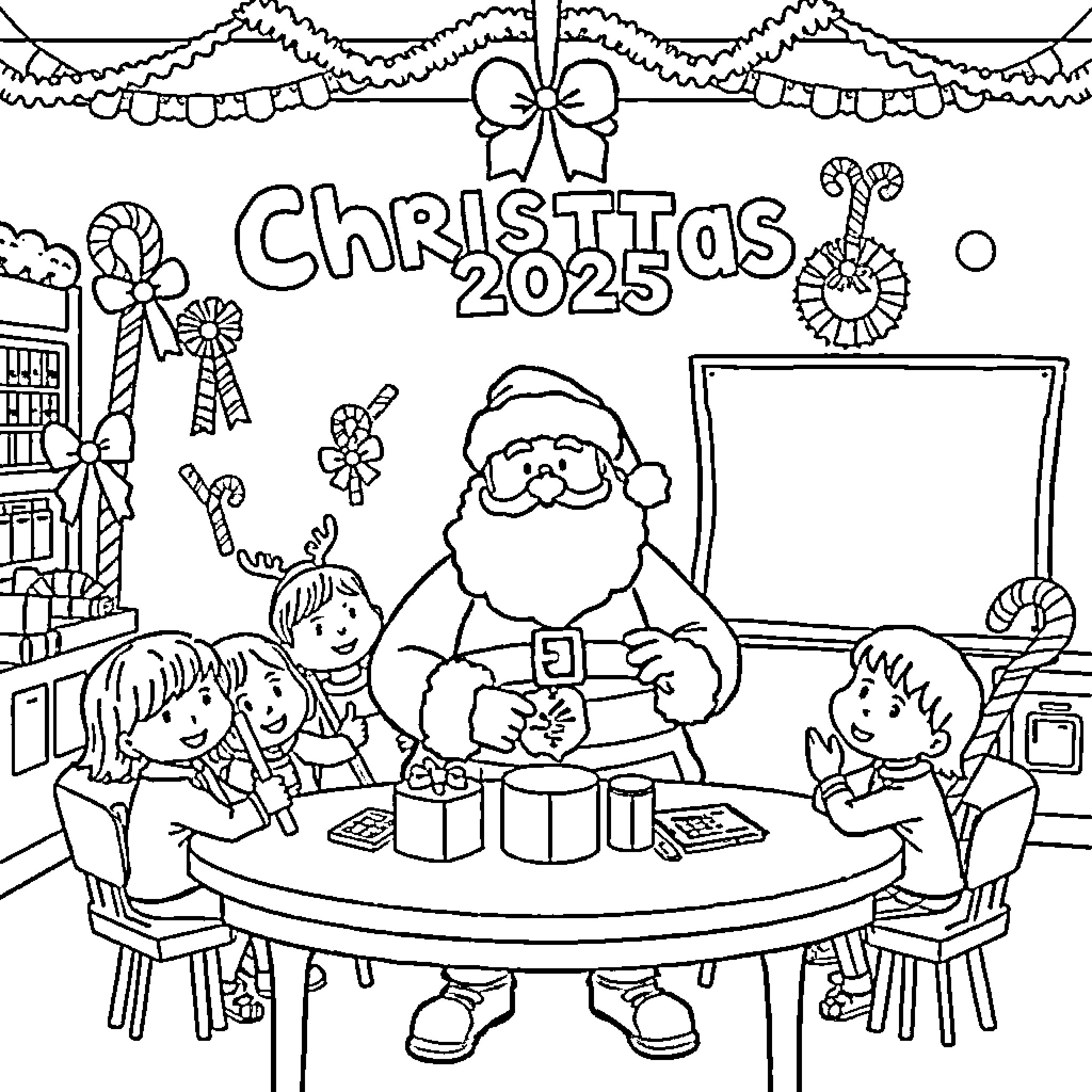Santa celebrating Christmas 2025 with children Coloring Page (free black-and-white line drawing printable PDF for all, from beginners to advanced learners, including children, teens, adults, and seniors)