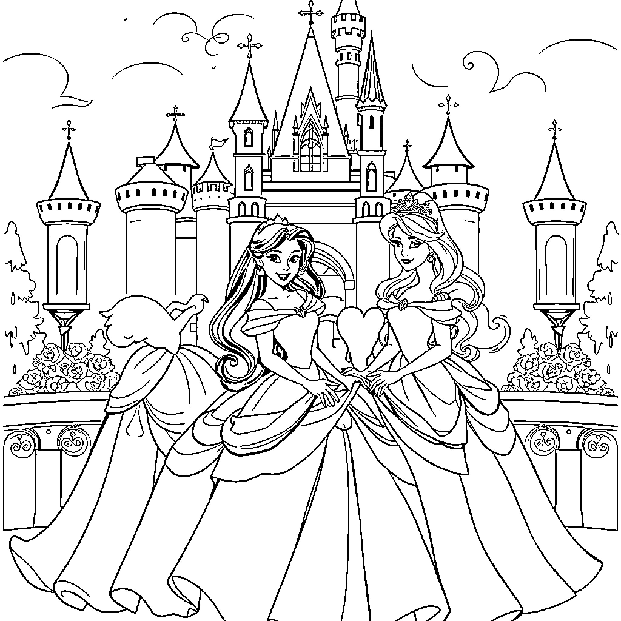 Princess Princesses Celebrating at the Castle Coloring Page (free black-and-white line drawing printable PDF for all, from beginners to advanced learners, including children, teens, adults, and seniors)