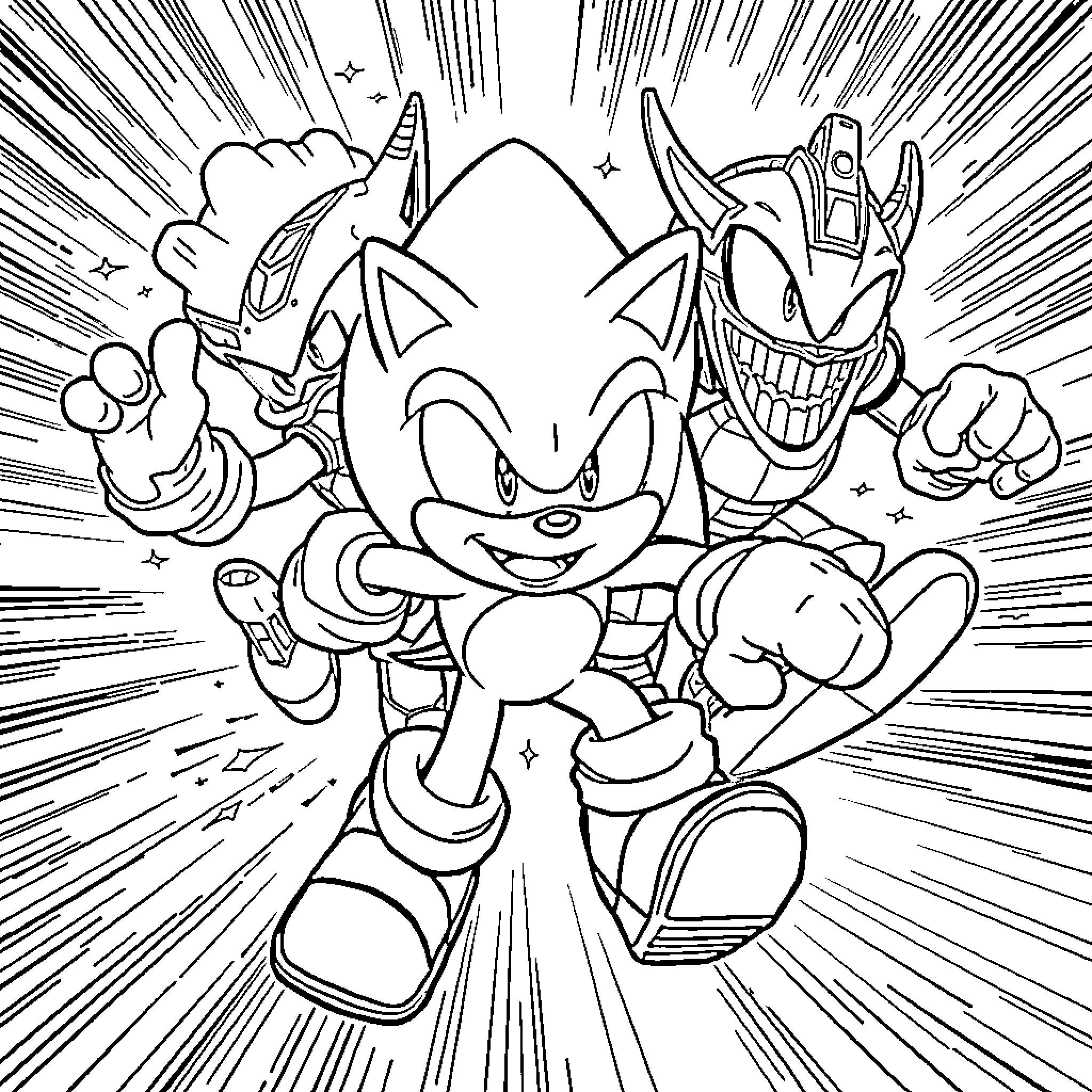 Sonic characters in lively animated scene Coloring Page (free black-and-white line drawing printable PDF for all, from beginners to advanced learners, including children, teens, adults, and seniors)