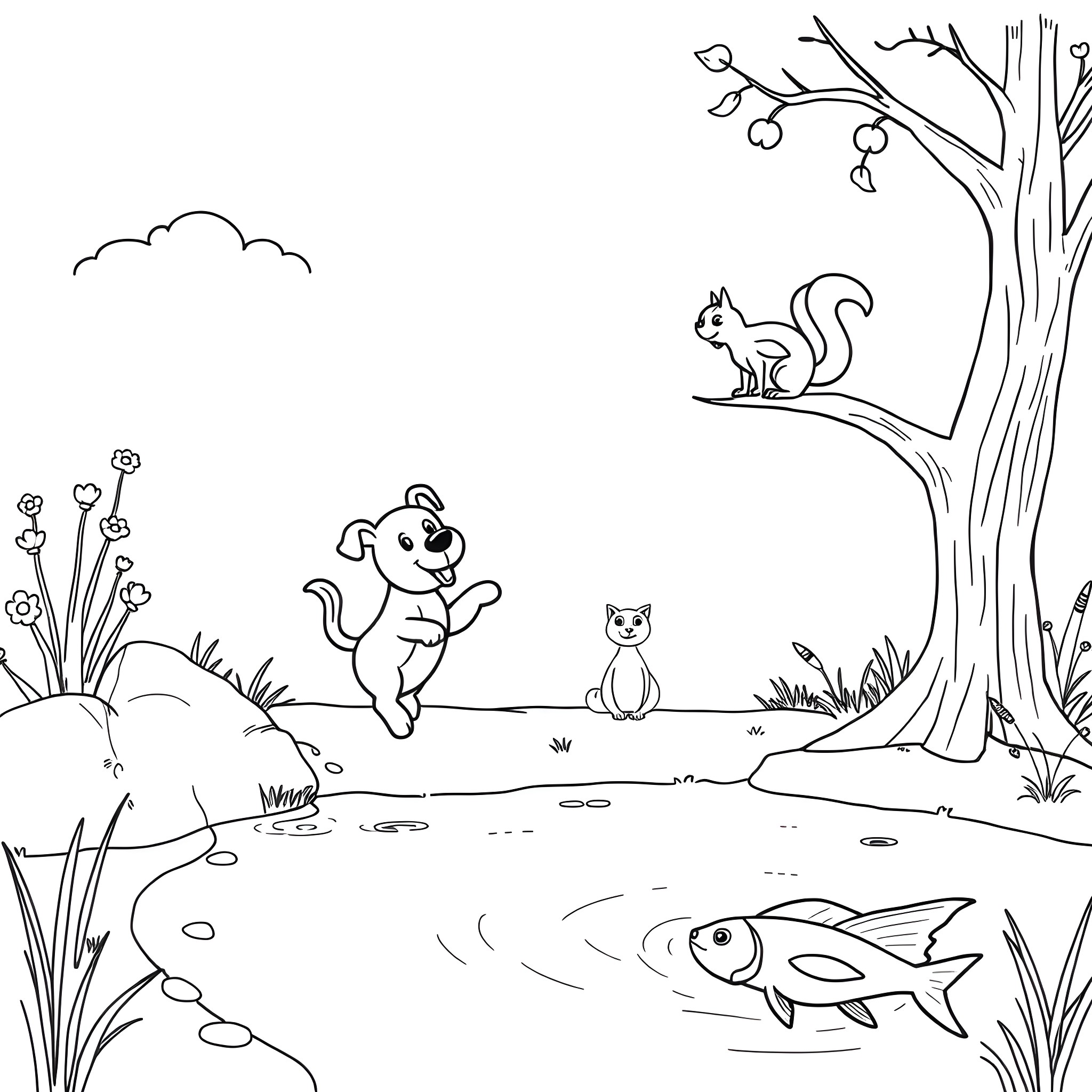 Dog and friends exploring nature's wonders Coloring Page (free black-and-white line drawing printable PDF for all, from beginners to advanced learners, including children, teens, adults, and seniors)