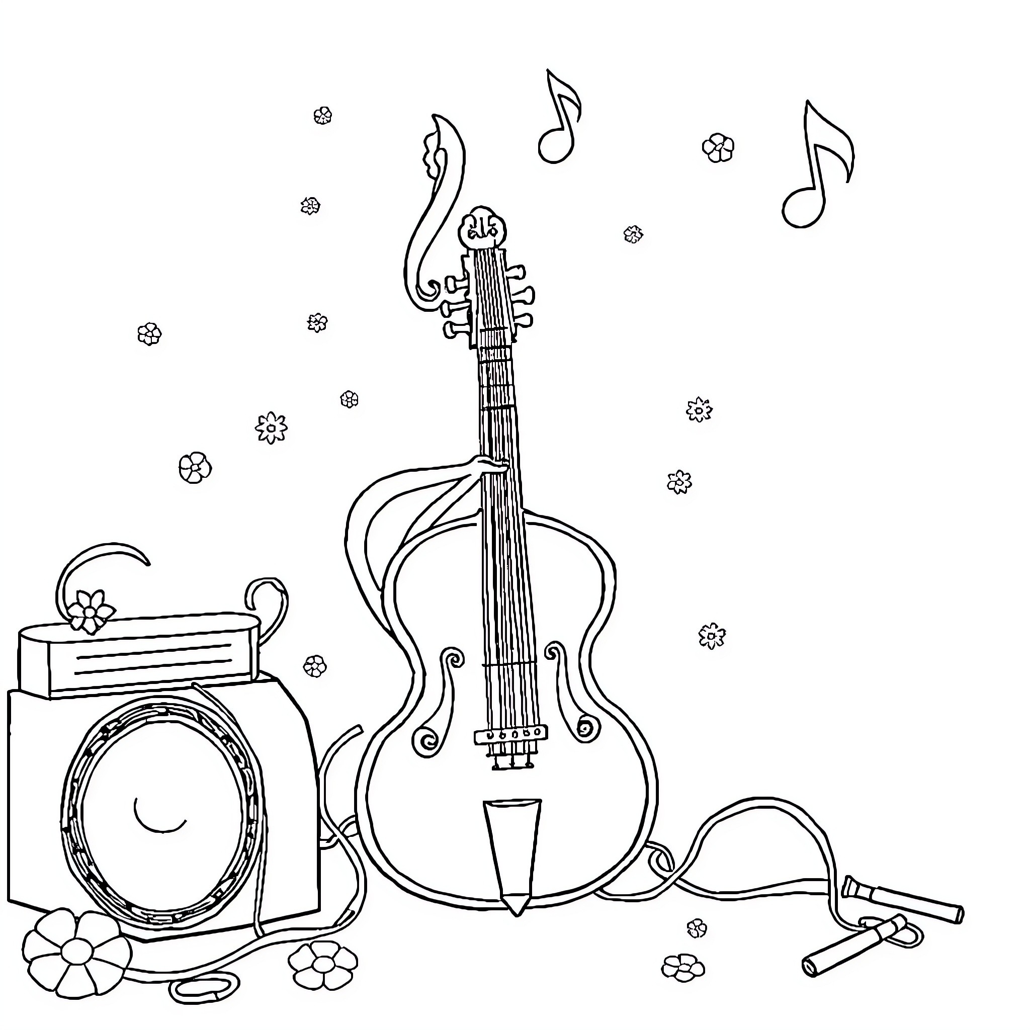Music Instruments and Flowers in Composition Coloring Page (free black-and-white line drawing printable PDF for all, from beginners to advanced learners, including children, teens, adults, and seniors)