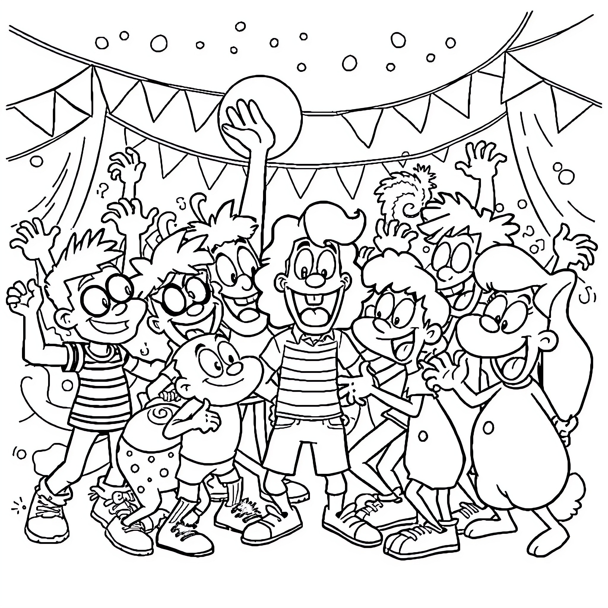 Cartoon group of characters celebrating in the park Coloring Page (free black-and-white line drawing printable PDF for all, from beginners to advanced learners, including children, teens, adults, and seniors)