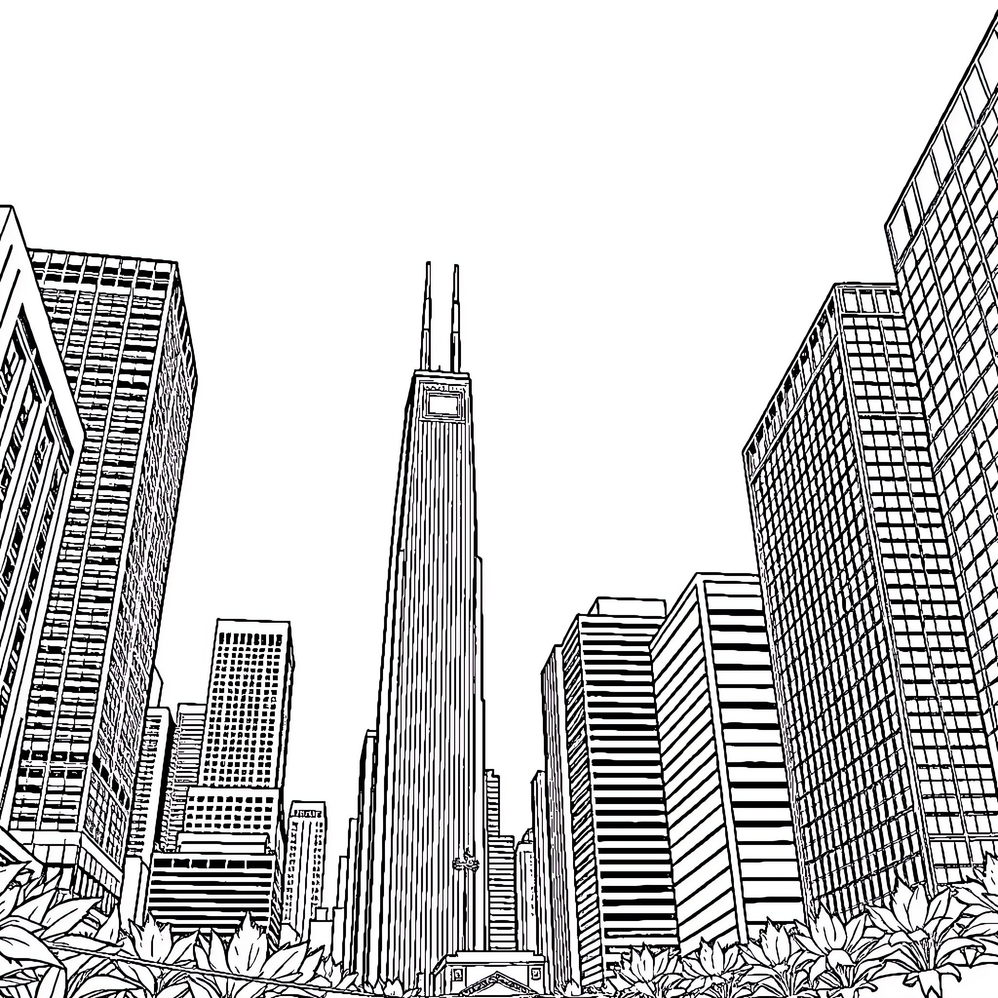 Skyline of towering buildings in urban metropolis Coloring Page (free black-and-white line drawing printable PDF for all, from beginners to advanced learners, including children, teens, adults, and seniors)