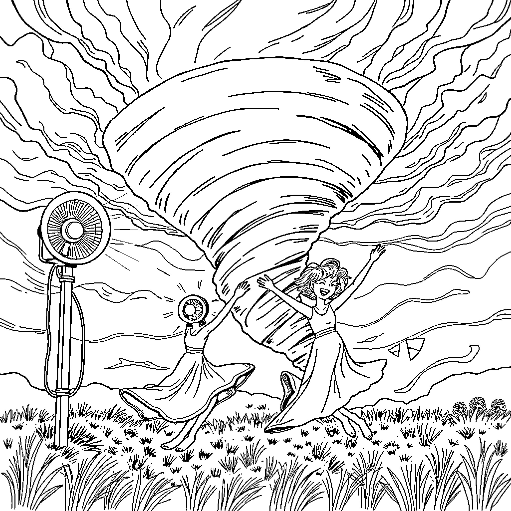 Tornado Siren Warning with Swirling Storm and Distressed Woman Coloring Page (free black-and-white line drawing printable PDF for all, from beginners to advanced learners, including children, teens, adults, and seniors)