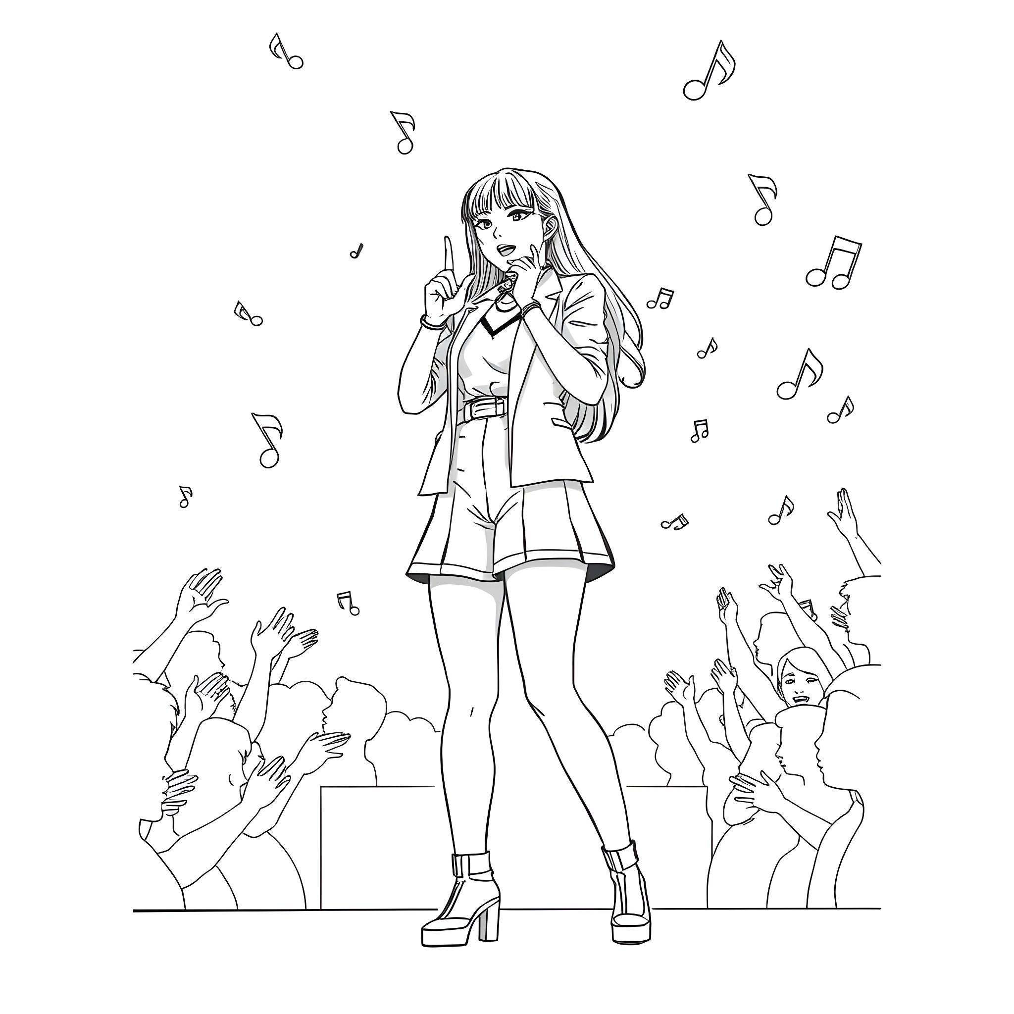 Jeon Soyeon performing on stage with passion Coloring Page (free black-and-white line drawing printable PDF for all, from beginners to advanced learners, including children, teens, adults, and seniors)