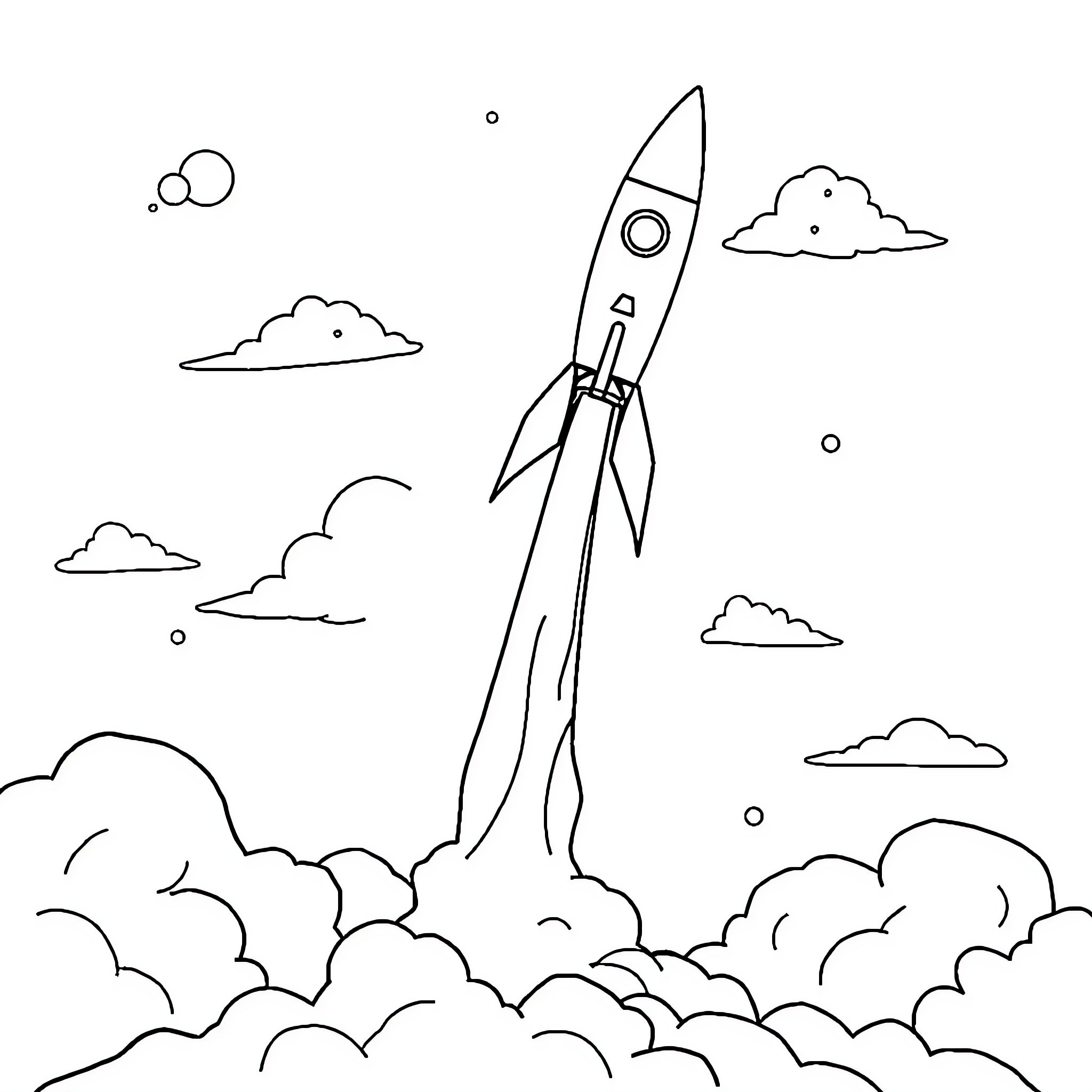 Rocket launching into the sky Coloring Page (free black-and-white line drawing printable PDF for all, from beginners to advanced learners, including children, teens, adults, and seniors)