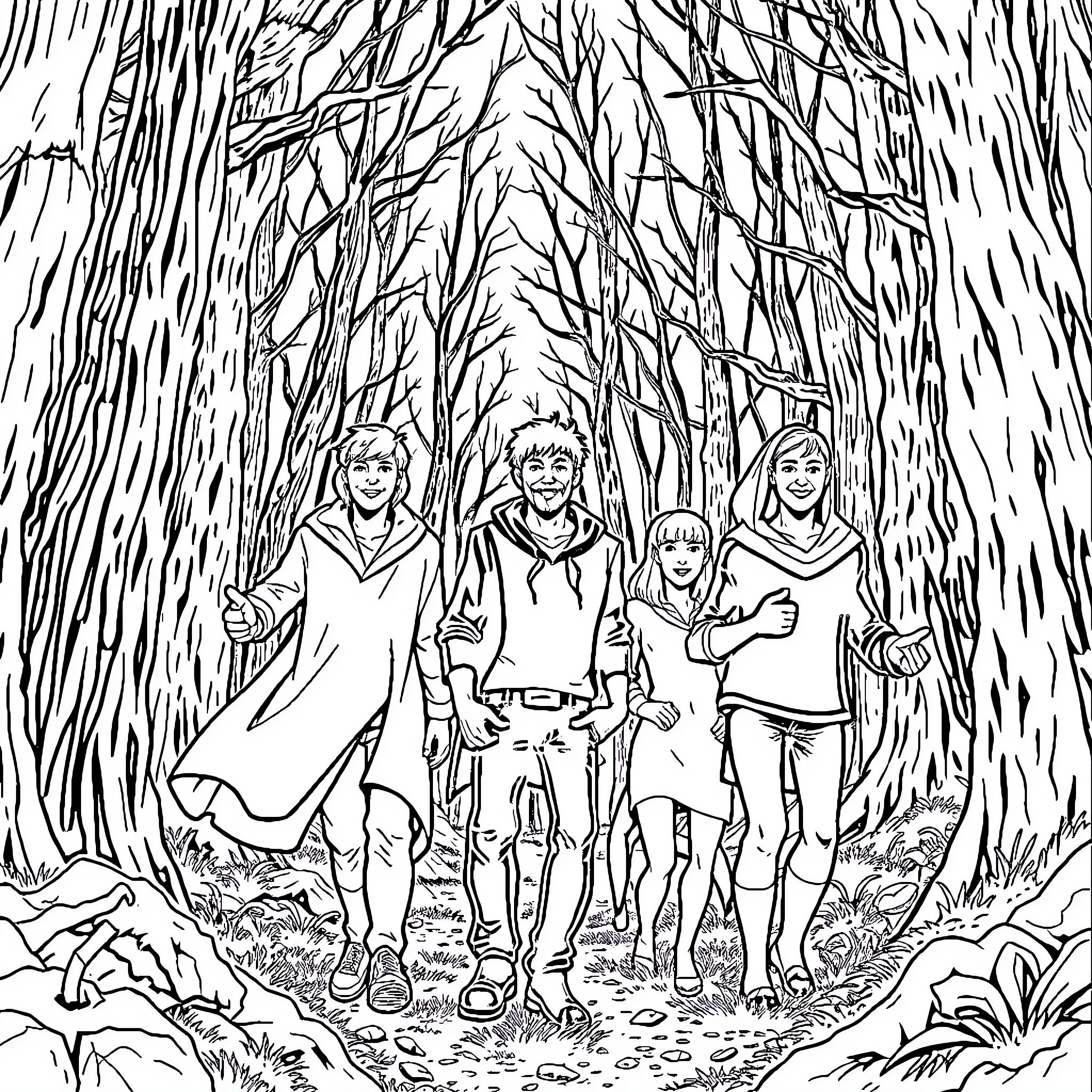 Sam and friends explore the mysterious forest Coloring Page (free black-and-white line drawing printable PDF for all, from beginners to advanced learners, including children, teens, adults, and seniors)