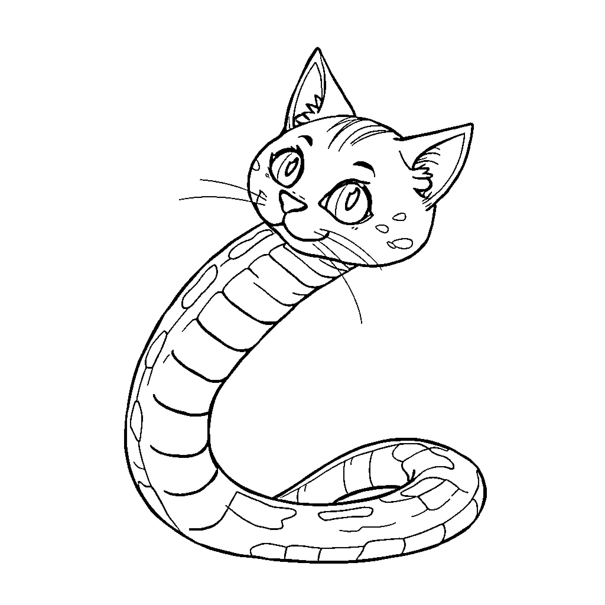 Snake-like cat with playful expression Coloring Page (free black-and-white line drawing printable PDF for all, from beginners to advanced learners, including children, teens, adults, and seniors)