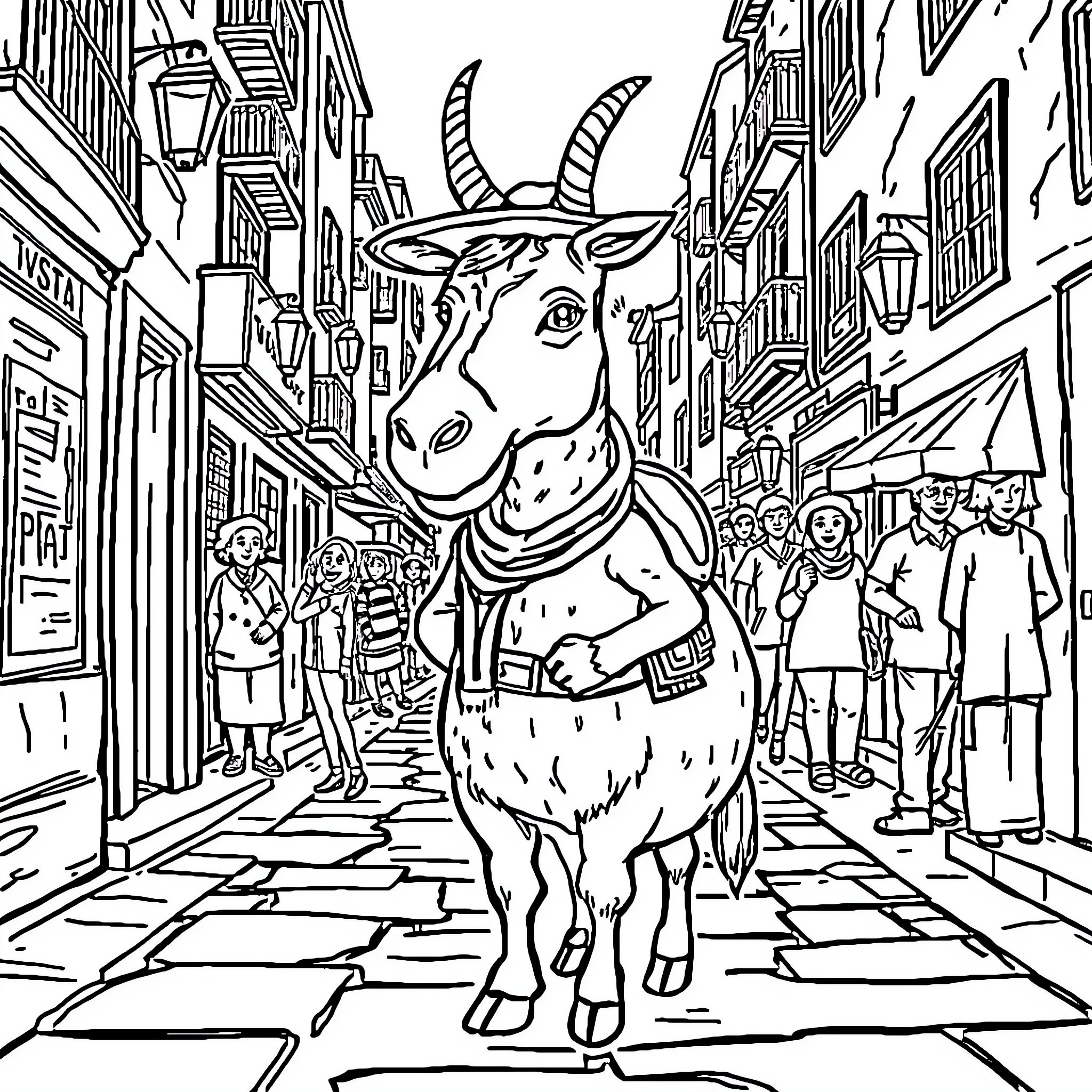 Cerdo walking among people in a crowded city street Coloring Page (free black-and-white line drawing printable PDF for all, from beginners to advanced learners, including children, teens, adults, and seniors)