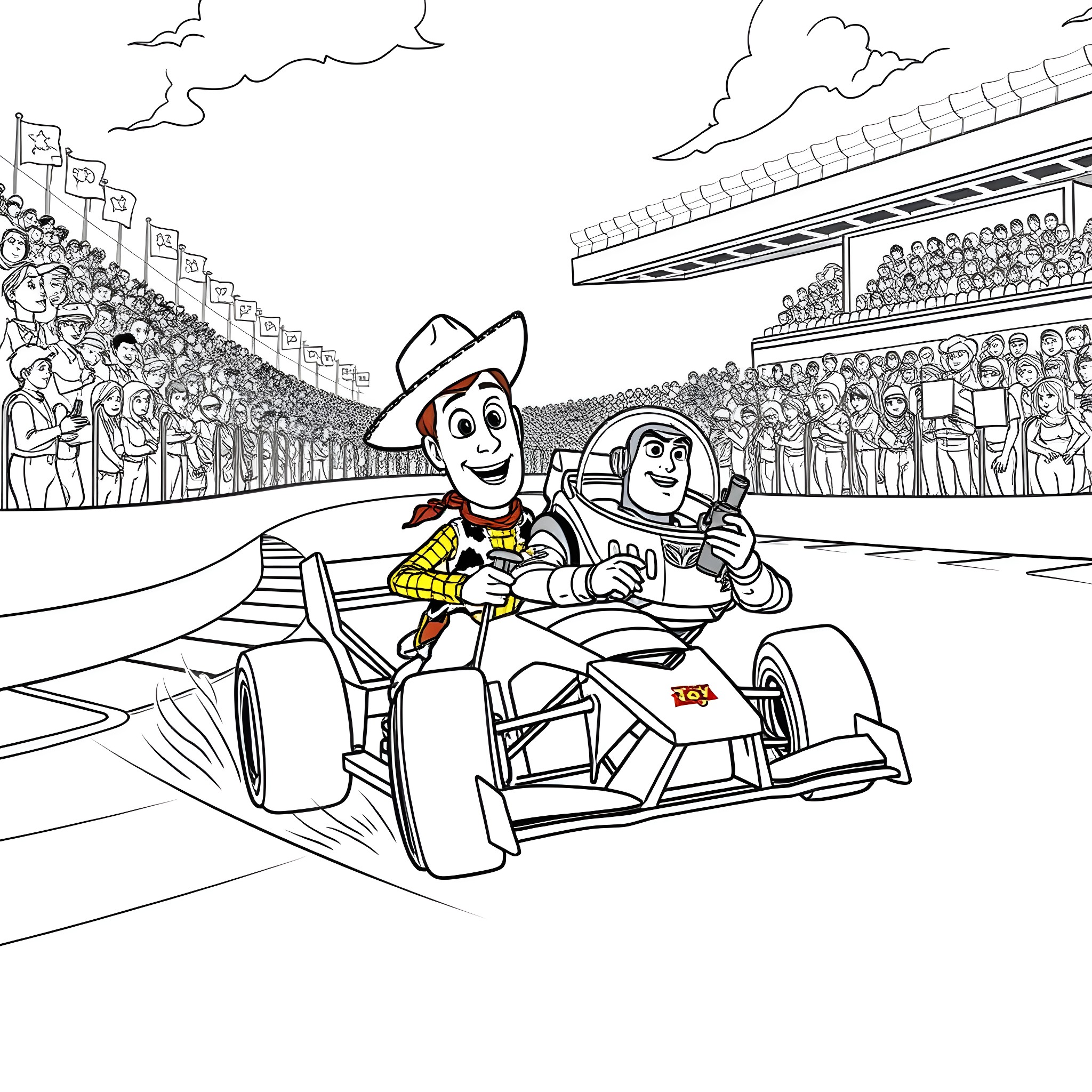 Woody and Buzz racing in the Formula One-style car Coloring Page (free black-and-white line drawing printable PDF for all, from beginners to advanced learners, including children, teens, adults, and seniors)