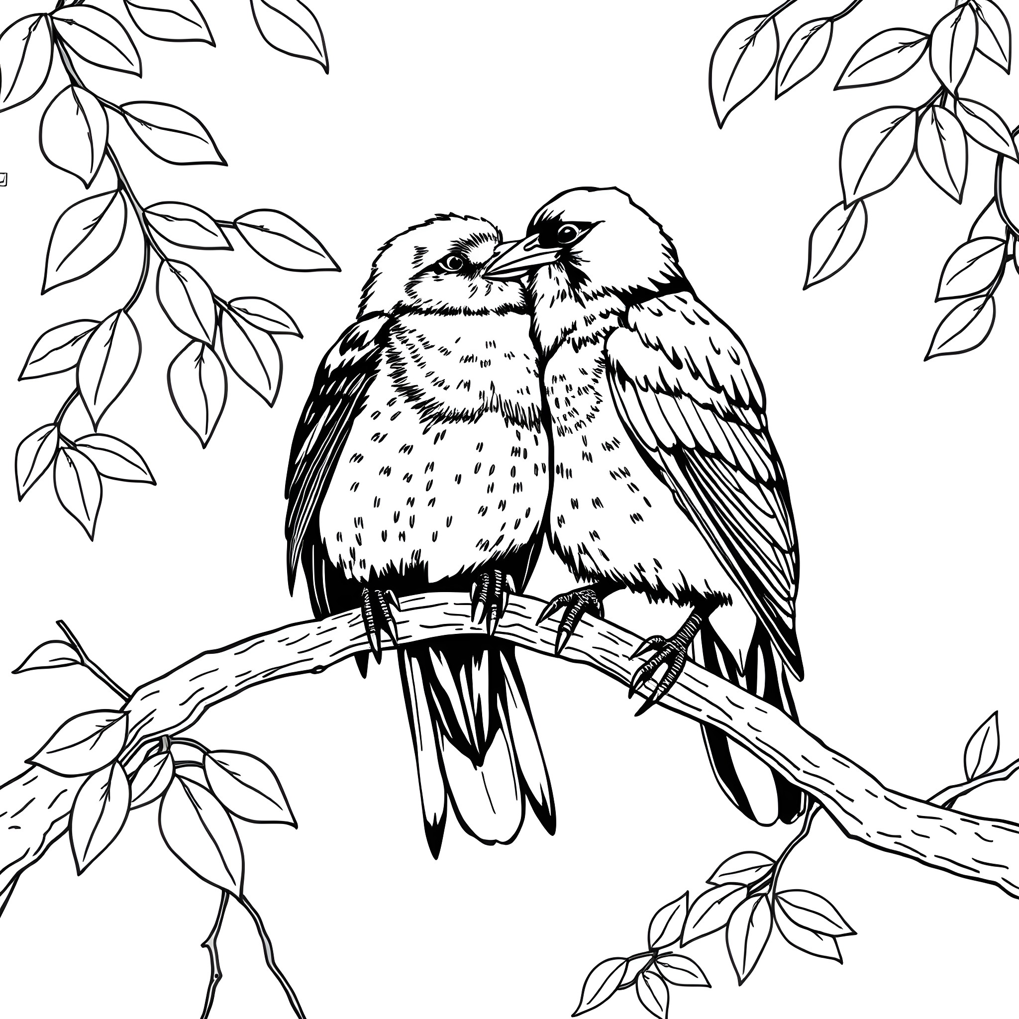 Bird couple perched on a branch Coloring Page (free black-and-white line drawing printable PDF for all, from beginners to advanced learners, including children, teens, adults, and seniors)