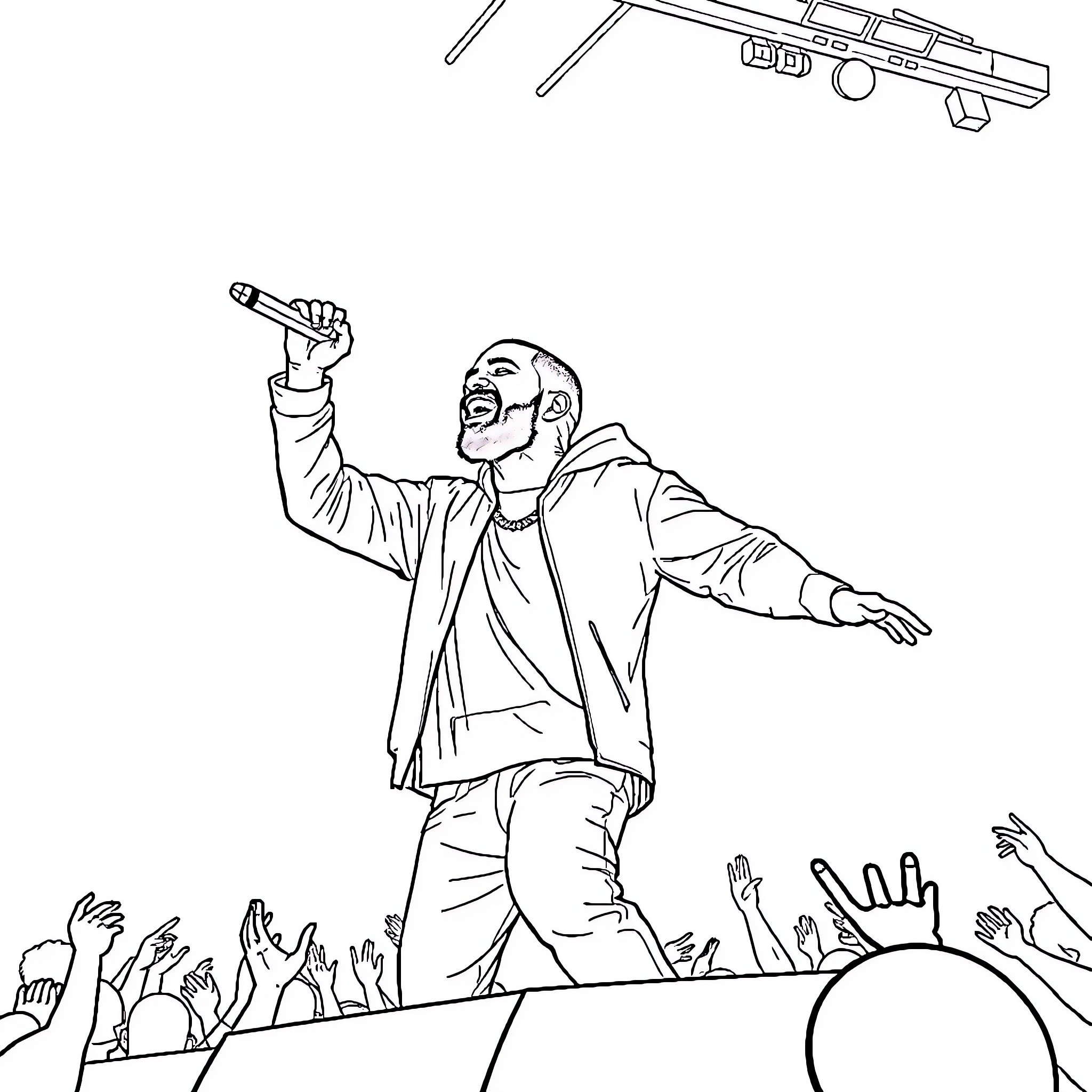 Drake performing energetically on stage with crowd Coloring Page (free black-and-white line drawing printable PDF for all, from beginners to advanced learners, including children, teens, adults, and seniors)