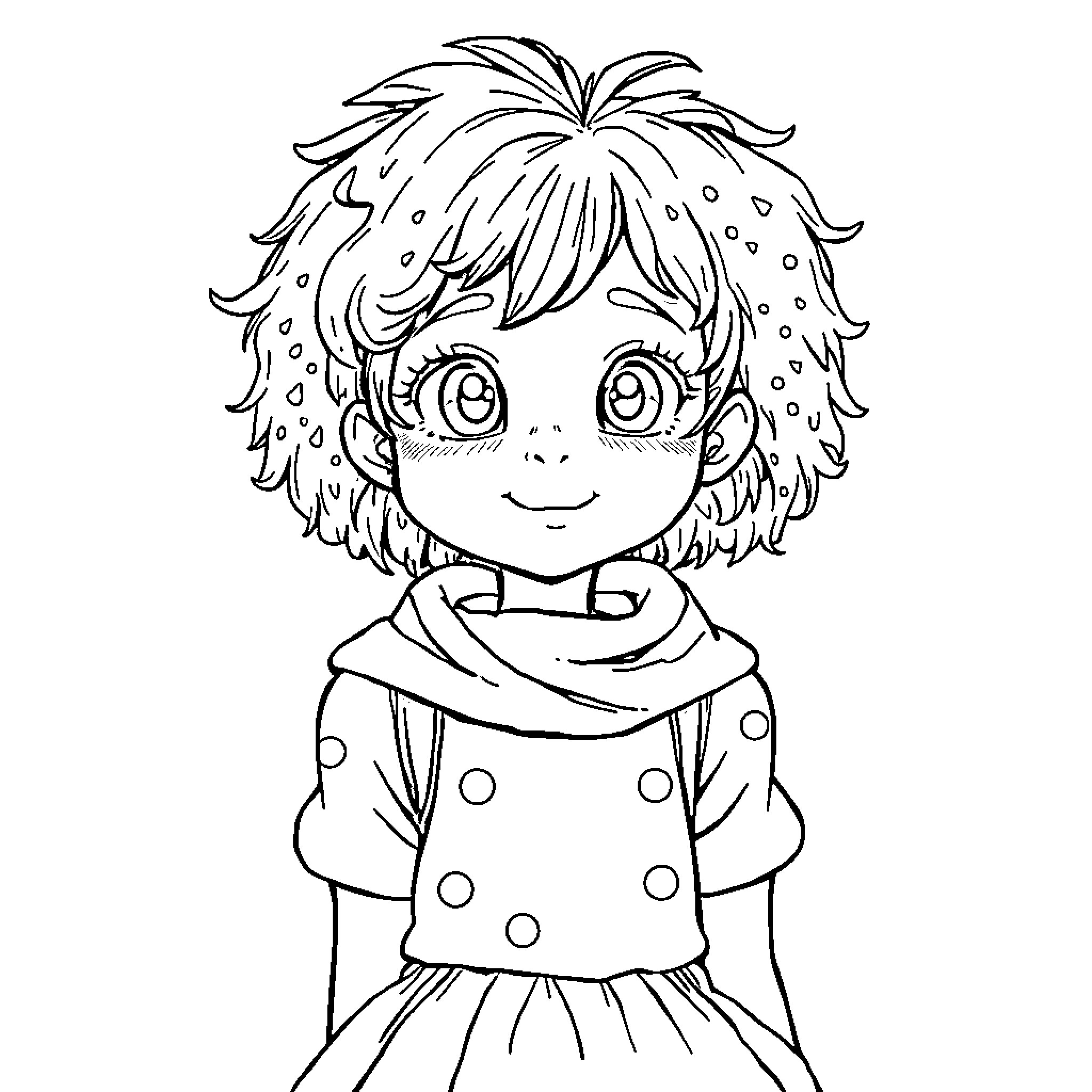 Fille in whimsical dress and cheerful expression Coloring Page (free black-and-white line drawing printable PDF for all, from beginners to advanced learners, including children, teens, adults, and seniors)