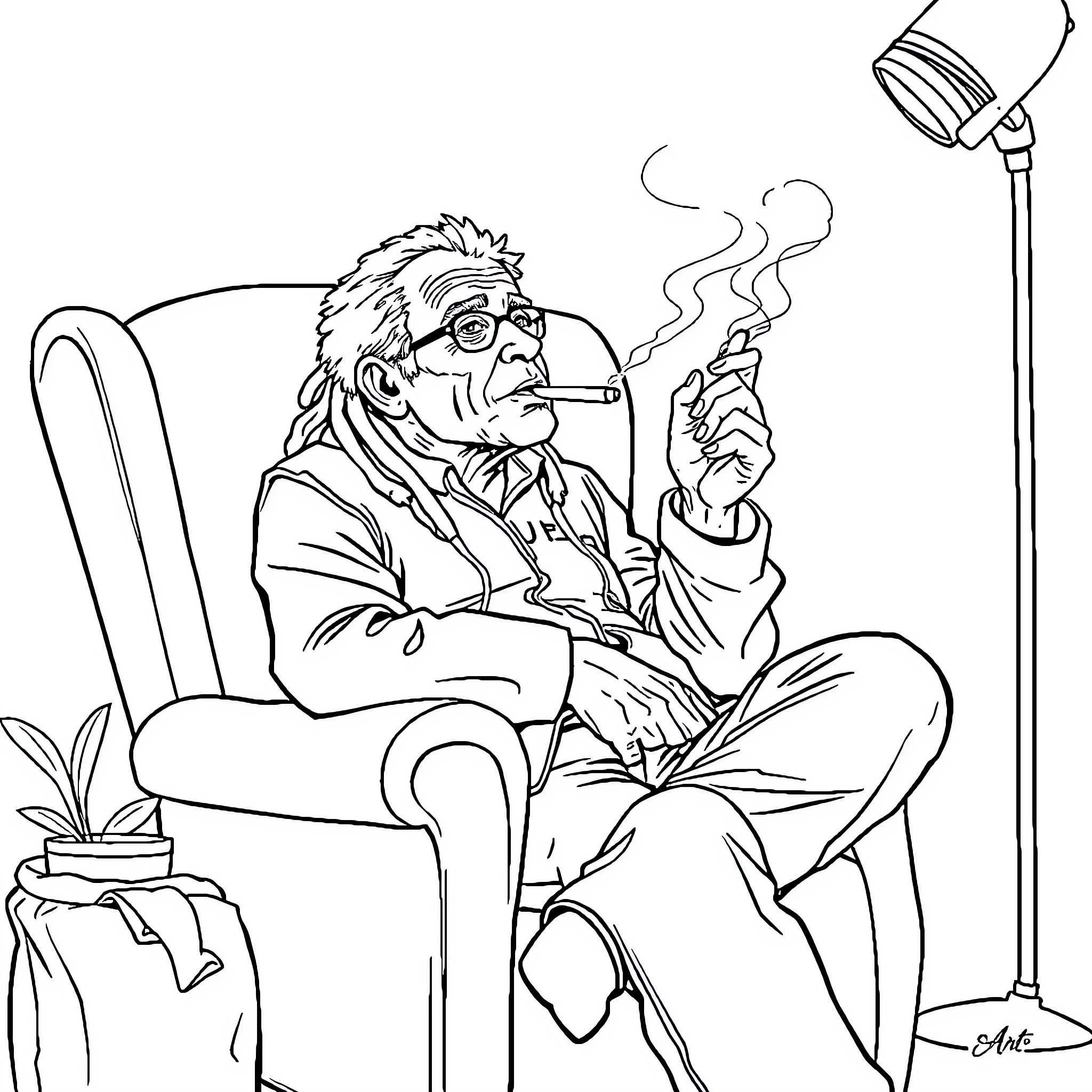Grandmother relaxing in armchair and smoking pipe Coloring Page (free black-and-white line drawing printable PDF for all, from beginners to advanced learners, including children, teens, adults, and seniors)