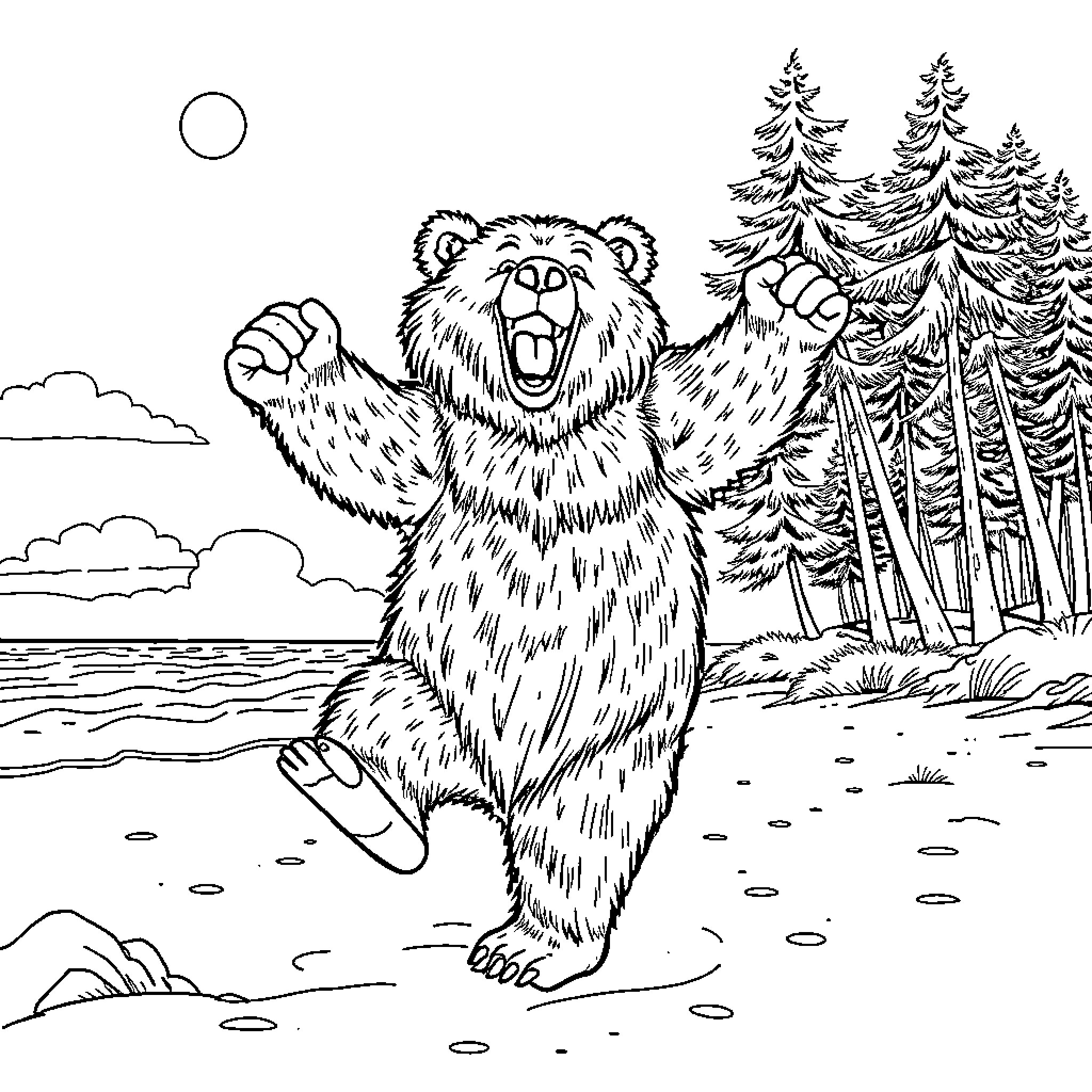 Bear Joyfully Frolicking in the Forest Coloring Page (free black-and-white line drawing printable PDF for all, from beginners to advanced learners, including children, teens, adults, and seniors)