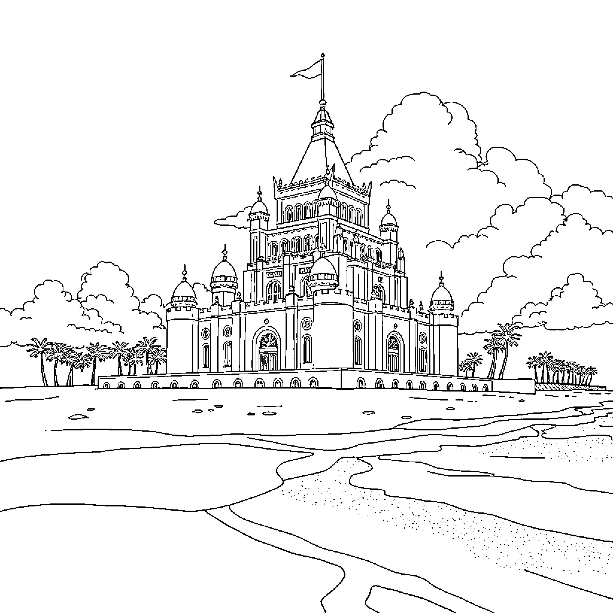 Castle by the Scenic Shore Coloring Page (free black-and-white line drawing printable PDF for all, from beginners to advanced learners, including children, teens, adults, and seniors)