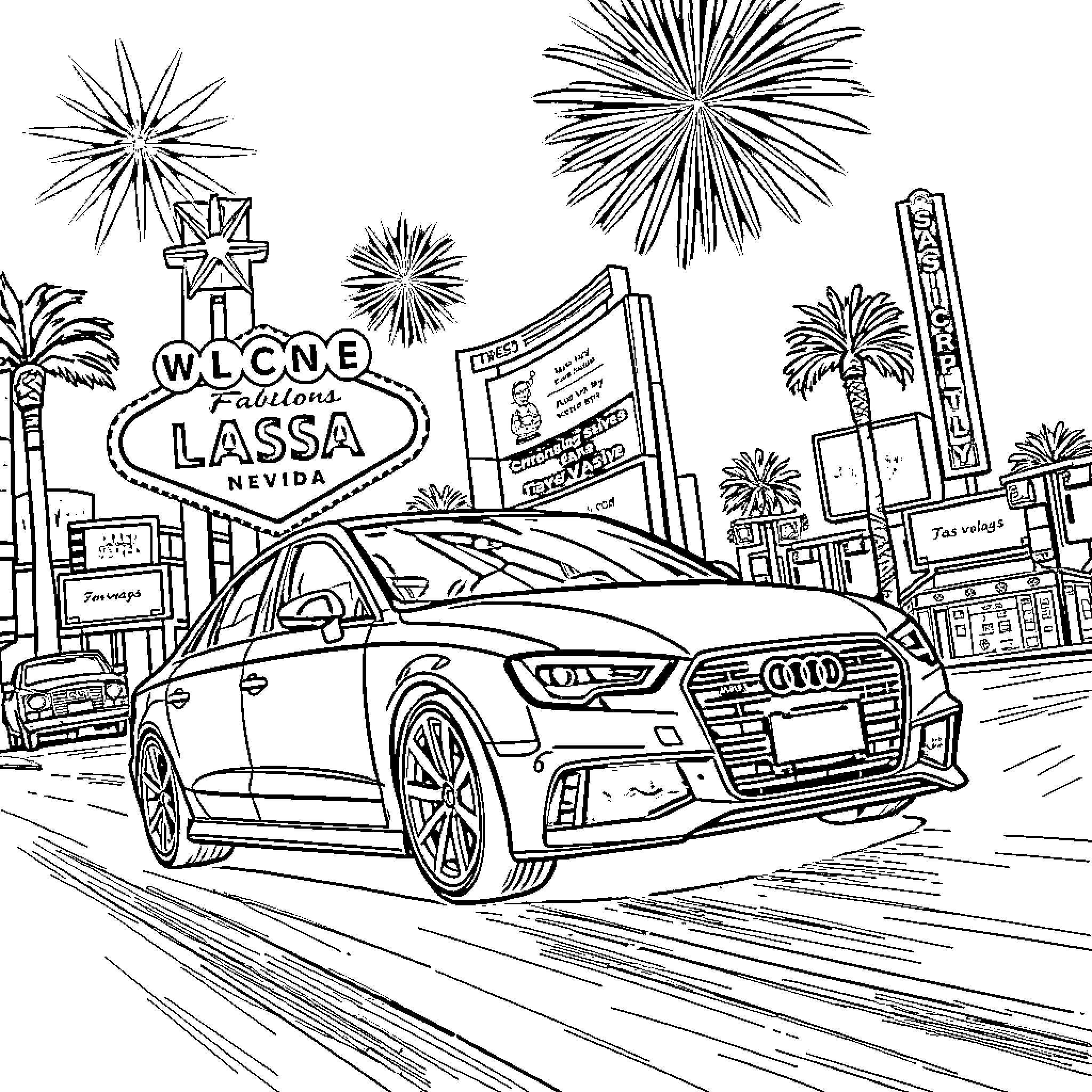 Audi car driving in lively city with fireworks display Coloring Page (free black-and-white line drawing printable PDF for all, from beginners to advanced learners, including children, teens, adults, and seniors)