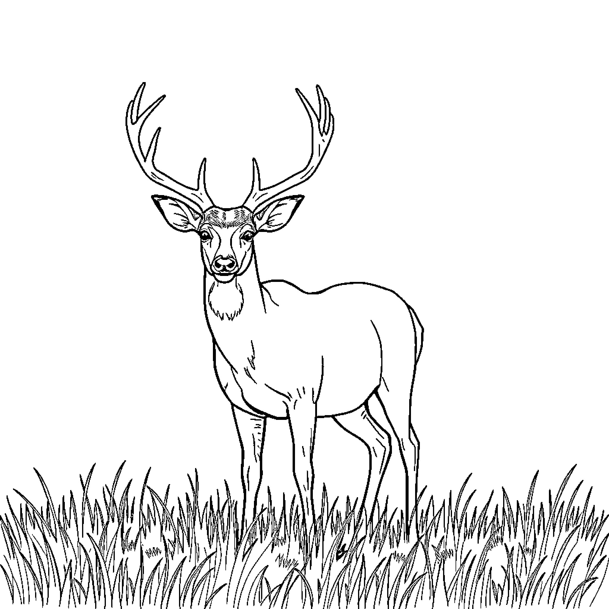 Whitetail Deer standing in tall grass Coloring Page (free black-and-white line drawing printable PDF for all, from beginners to advanced learners, including children, teens, adults, and seniors)