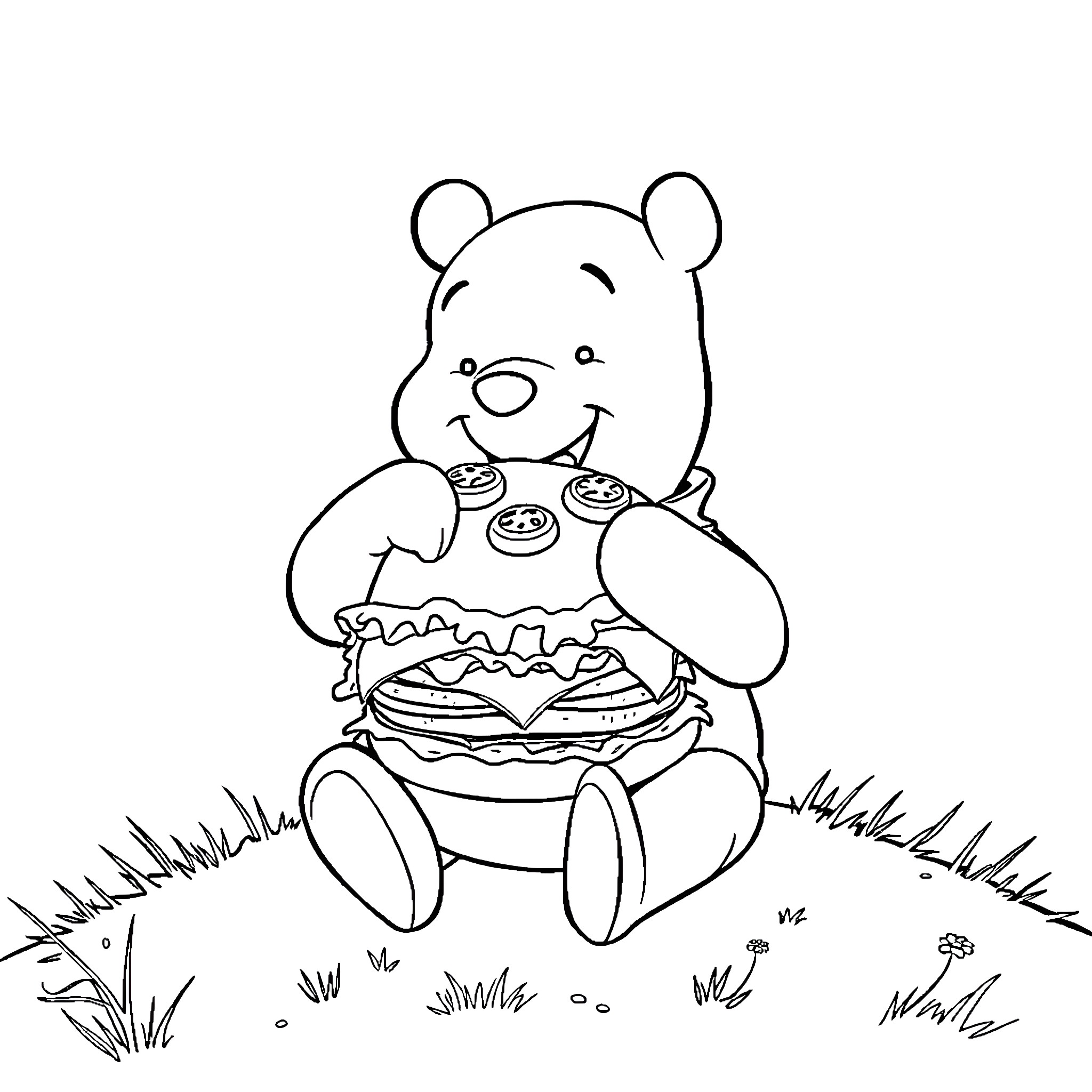 Winnie The Pooh enjoying a tasty snack in the meadow Coloring Page (free black-and-white line drawing printable PDF for all, from beginners to advanced learners, including children, teens, adults, and seniors)