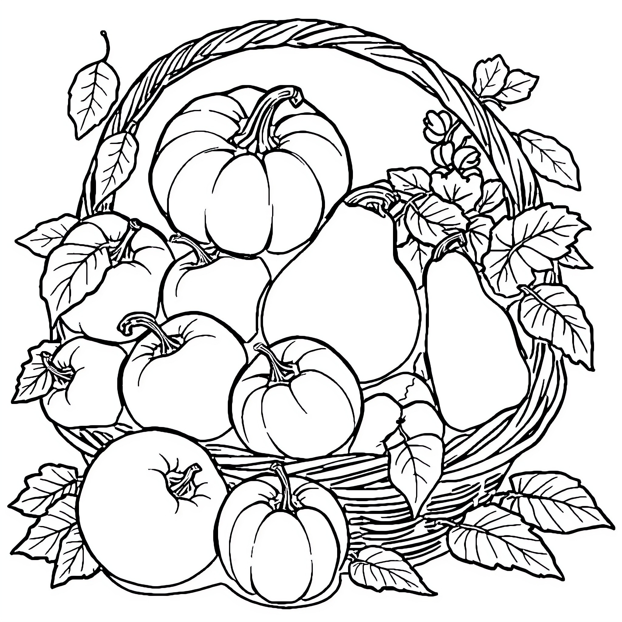 Fruit Basket Filled with Autumn Harvest Coloring Page (free black-and-white line drawing printable PDF for all, from beginners to advanced learners, including children, teens, adults, and seniors)
