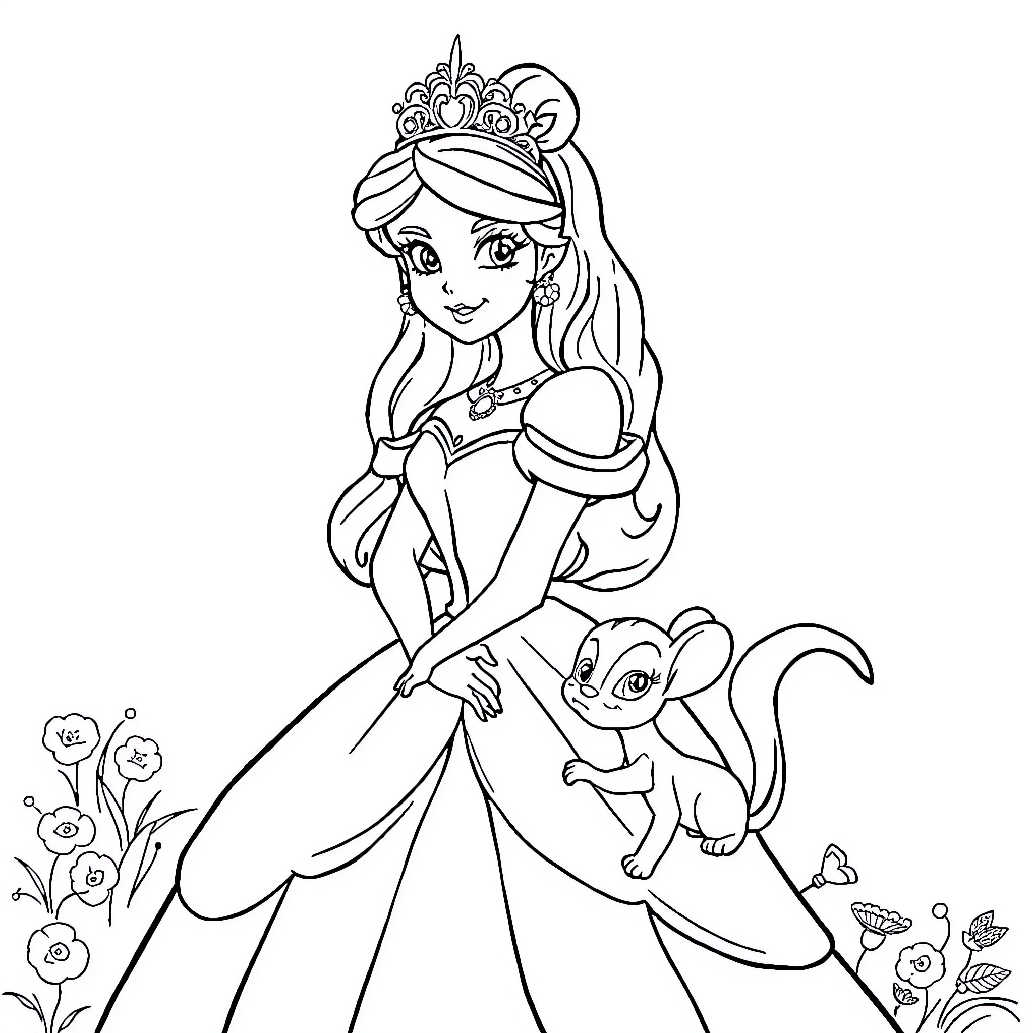 Princess in elegant dress with companion animal Coloring Page (free black-and-white line drawing printable PDF for all, from beginners to advanced learners, including children, teens, adults, and seniors)