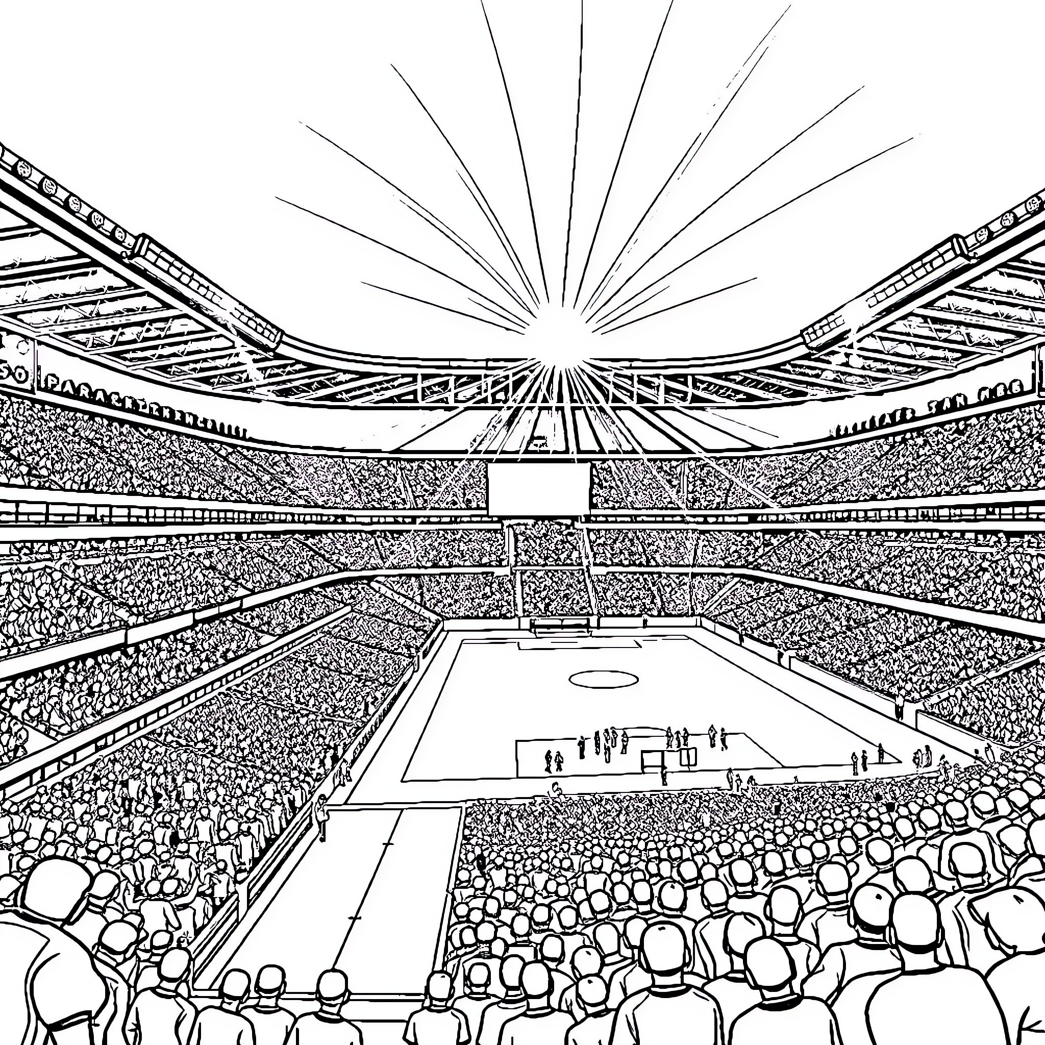 Athletics Stadium Filled with Spectators and Action Coloring Page (free black-and-white line drawing printable PDF for all, from beginners to advanced learners, including children, teens, adults, and seniors)
