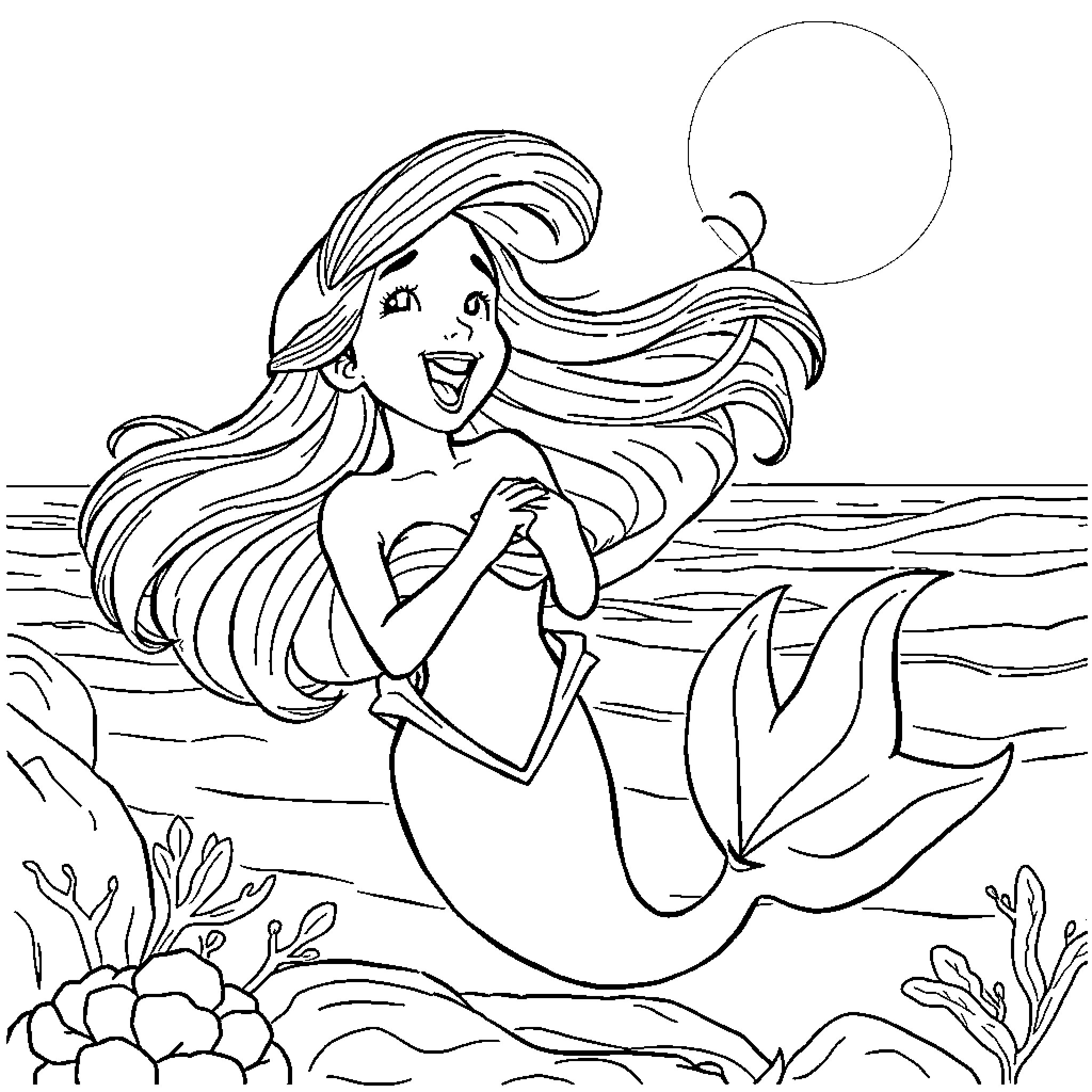 Ariel swimming gracefully in the ocean Coloring Page (free black-and-white line drawing printable PDF for all, from beginners to advanced learners, including children, teens, adults, and seniors)