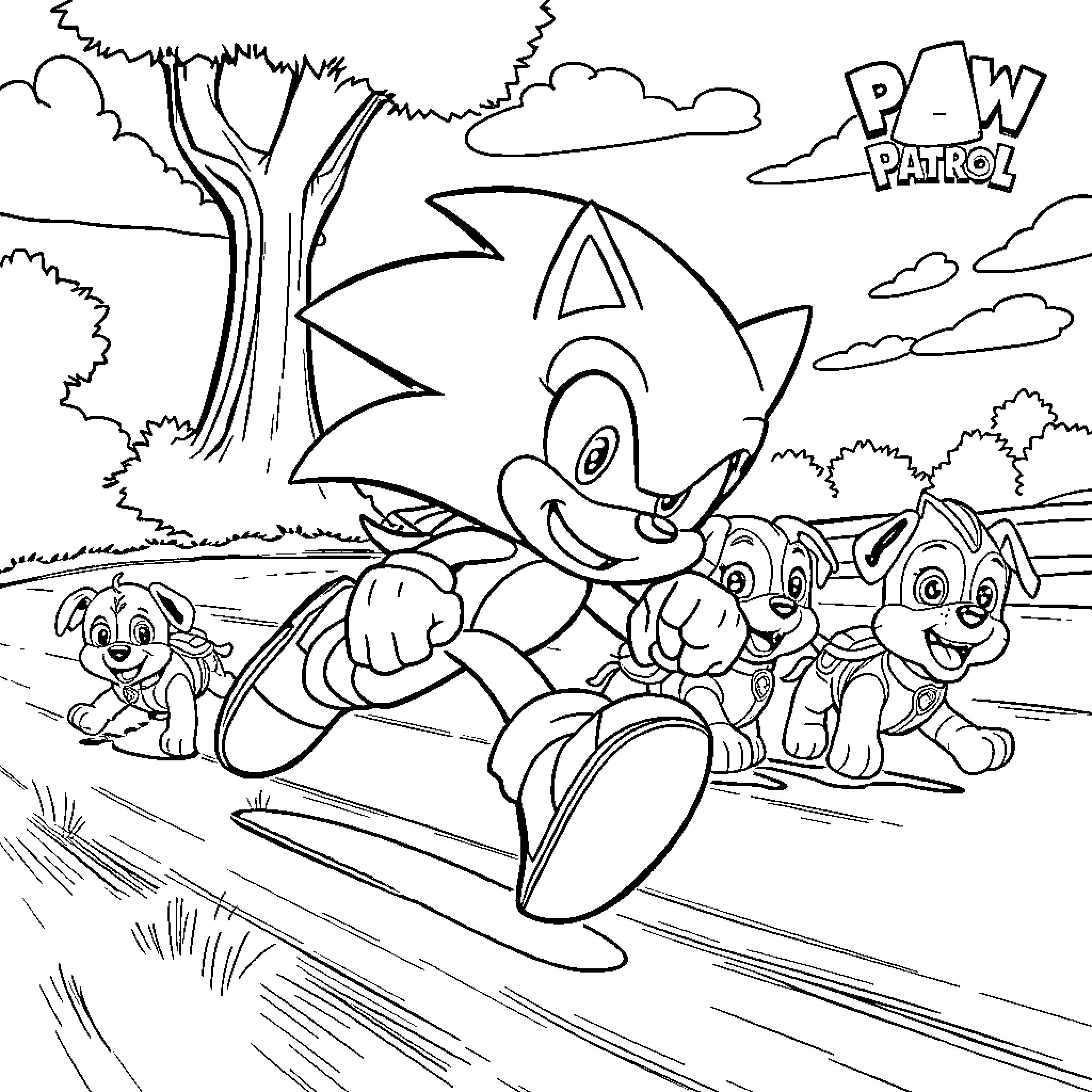 Sonic and Friends on a Paw Patrol Adventure Coloring Page (free black-and-white line drawing printable PDF for all, from beginners to advanced learners, including children, teens, adults, and seniors)