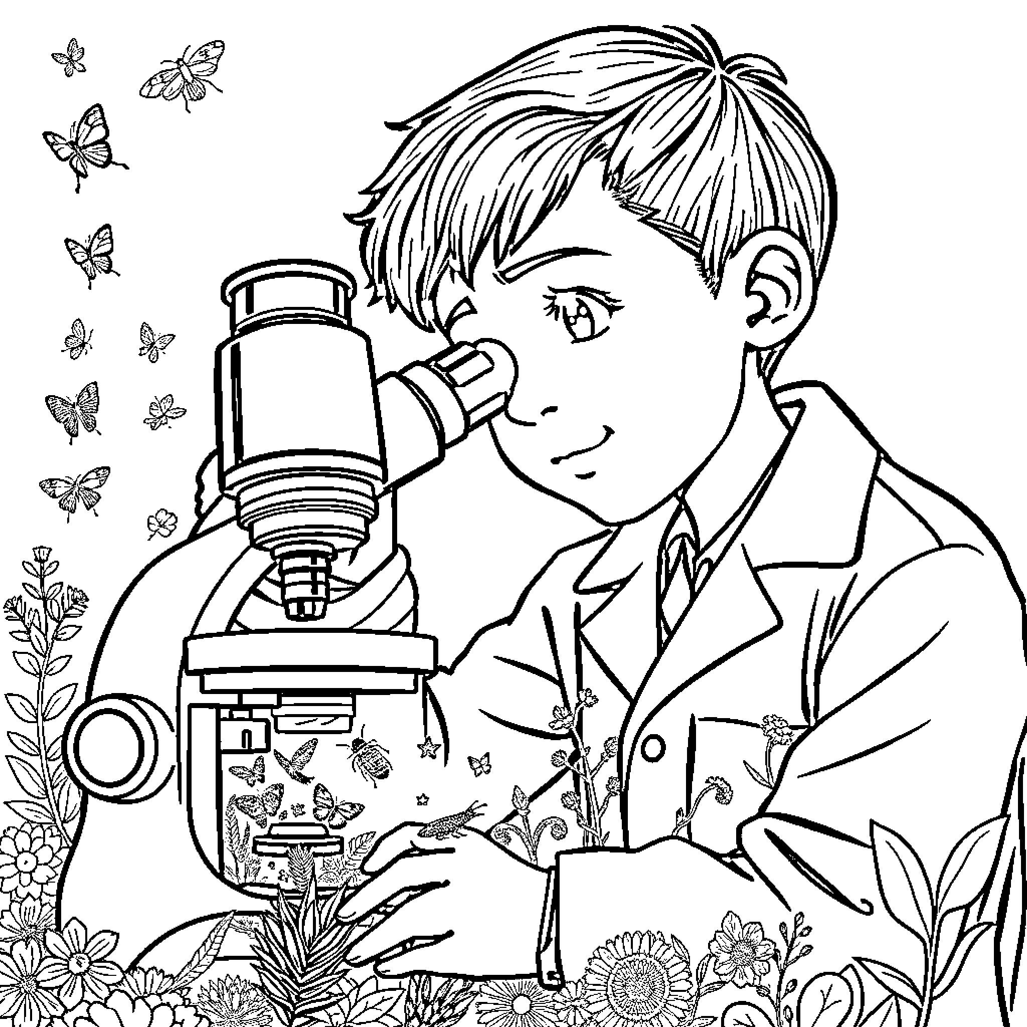 Kid Scientist Exploring Nature with Microscope Coloring Page (free black-and-white line drawing printable PDF for all, from beginners to advanced learners, including children, teens, adults, and seniors)