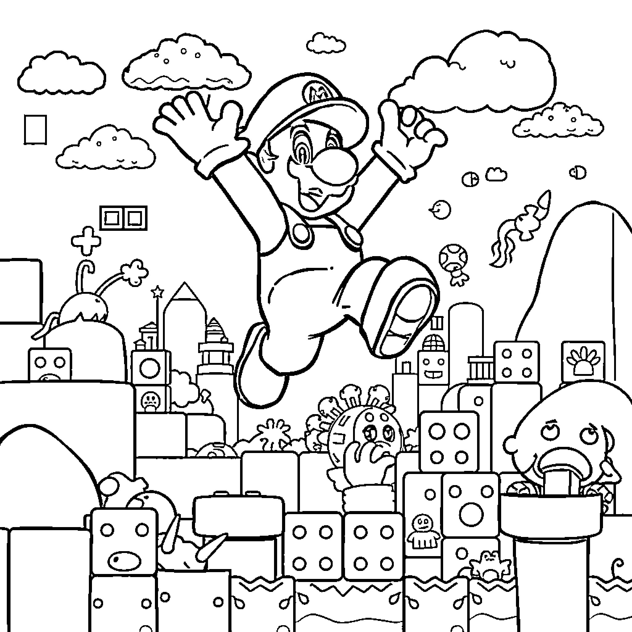 Super Mario's Exciting City Adventure Coloring Page (free black-and-white line drawing printable PDF for all, from beginners to advanced learners, including children, teens, adults, and seniors)
