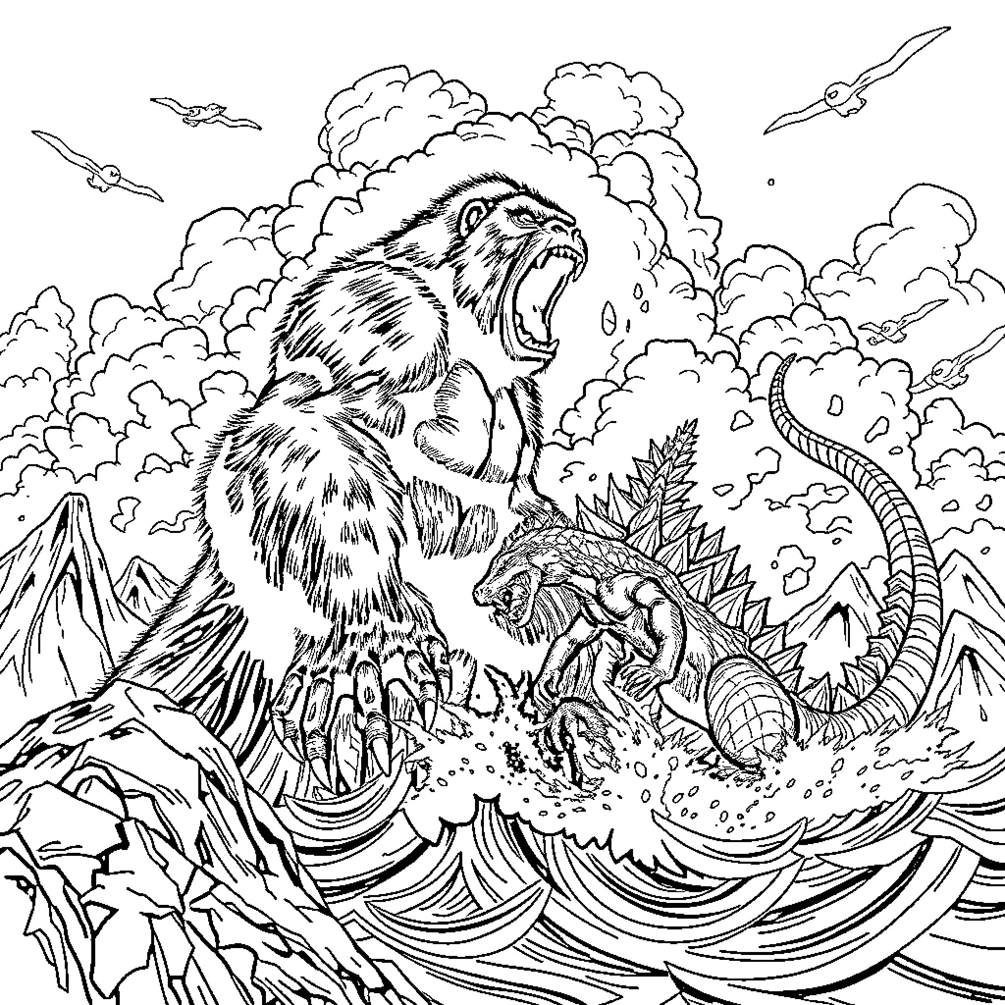 King Kong roaring amid prehistoric creatures in a dramatic landscape Coloring Page (free black-and-white line drawing printable PDF for all, from beginners to advanced learners, including children, teens, adults, and seniors)