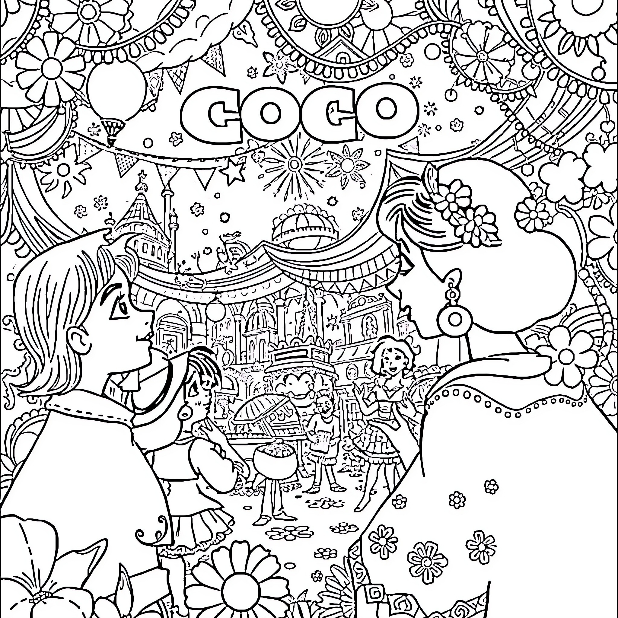 Coco's Vibrant Celebration of Music and Culture Coloring Page (free black-and-white line drawing printable PDF for all, from beginners to advanced learners, including children, teens, adults, and seniors)