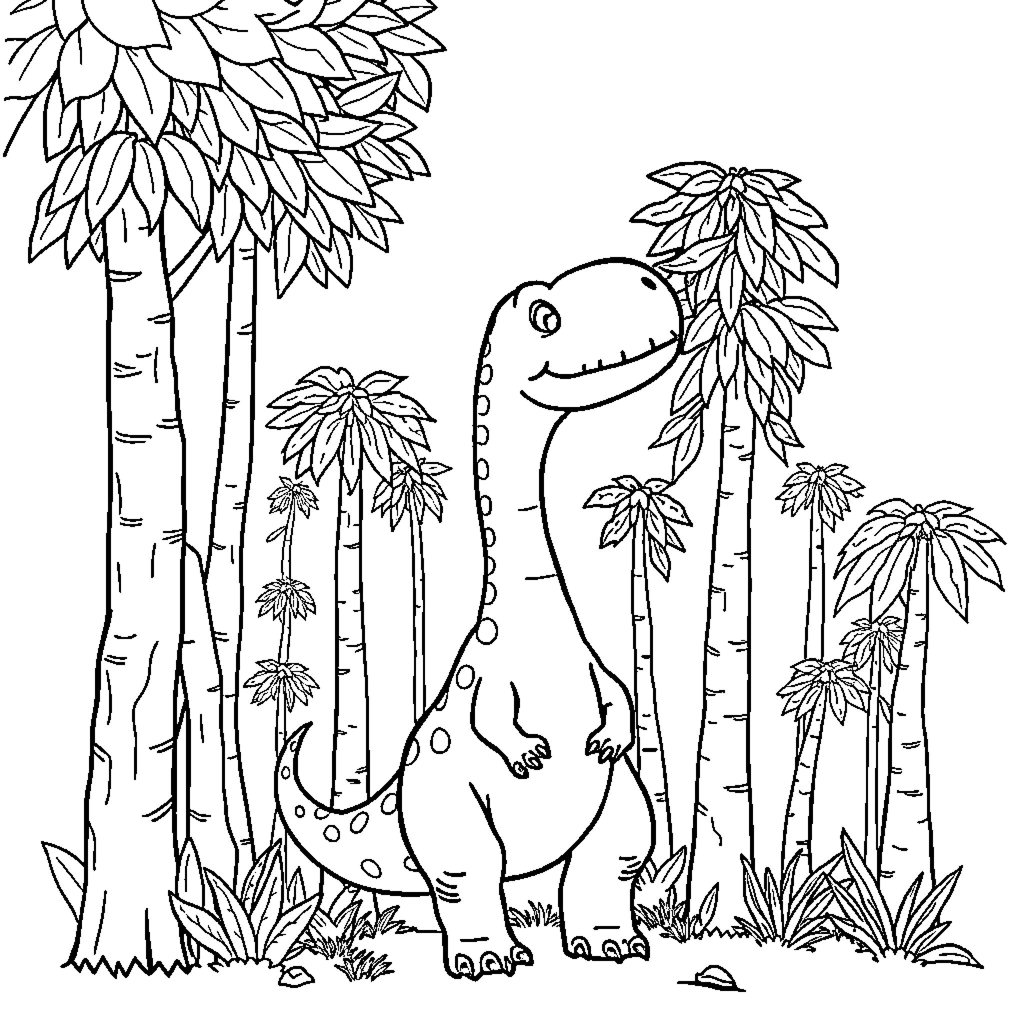 Dinosaur exploring lush prehistoric forest Coloring Page (free black-and-white line drawing printable PDF for all, from beginners to advanced learners, including children, teens, adults, and seniors)