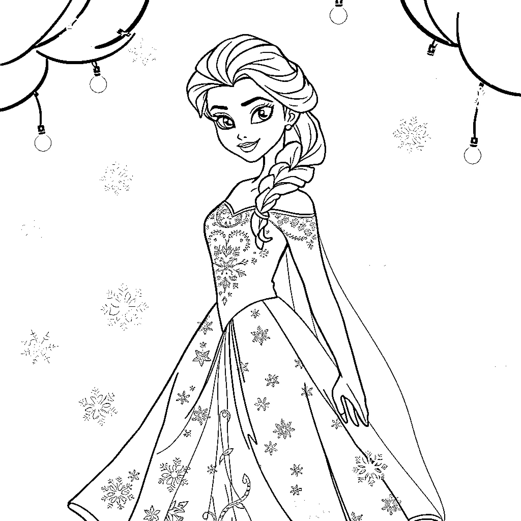 Elsa admiring the snowfall in her magical dress Coloring Page (free black-and-white line drawing printable PDF for all, from beginners to advanced learners, including children, teens, adults, and seniors)
