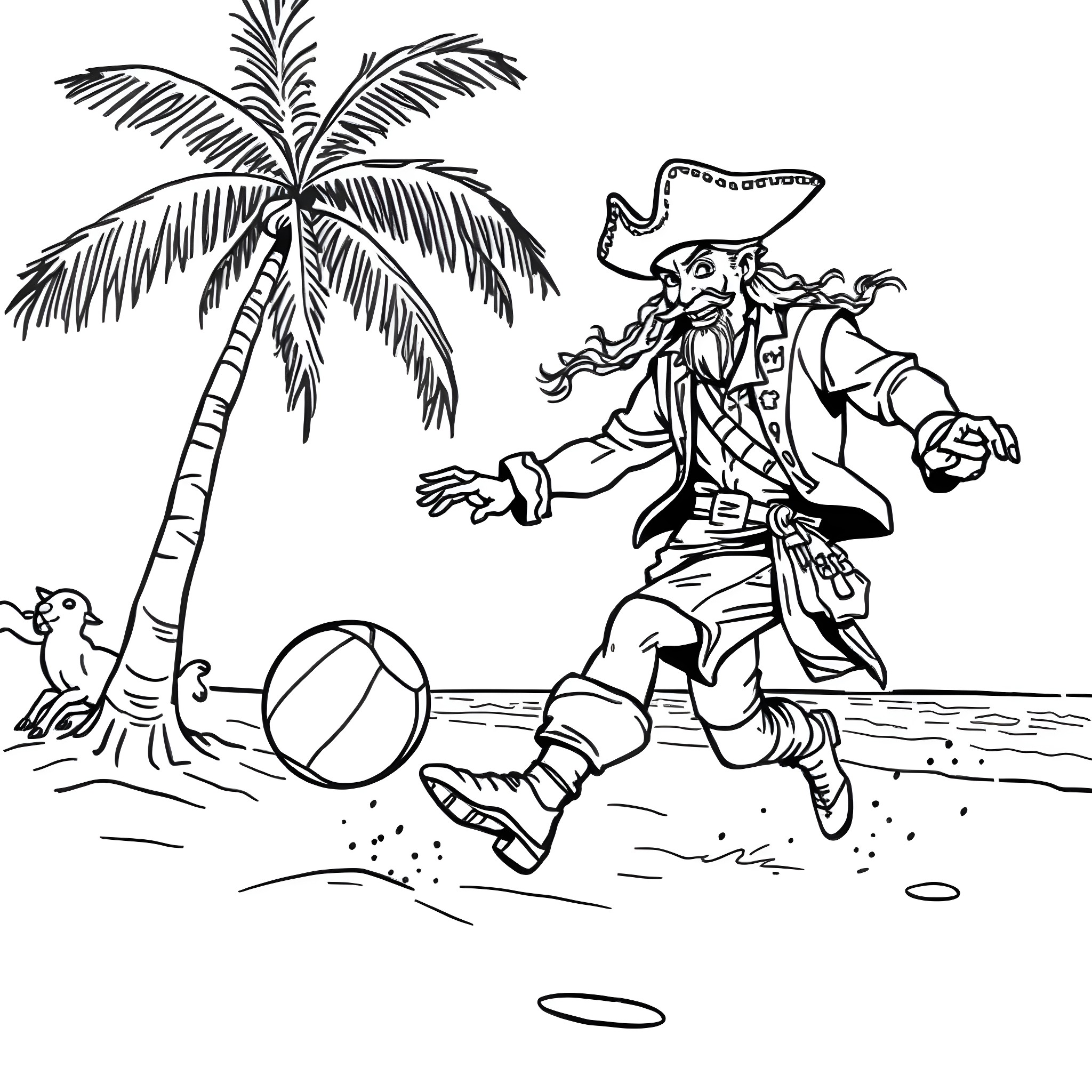 Buccaneer's Beachside Adventure Coloring Page (free black-and-white line drawing printable PDF for all, from beginners to advanced learners, including children, teens, adults, and seniors)