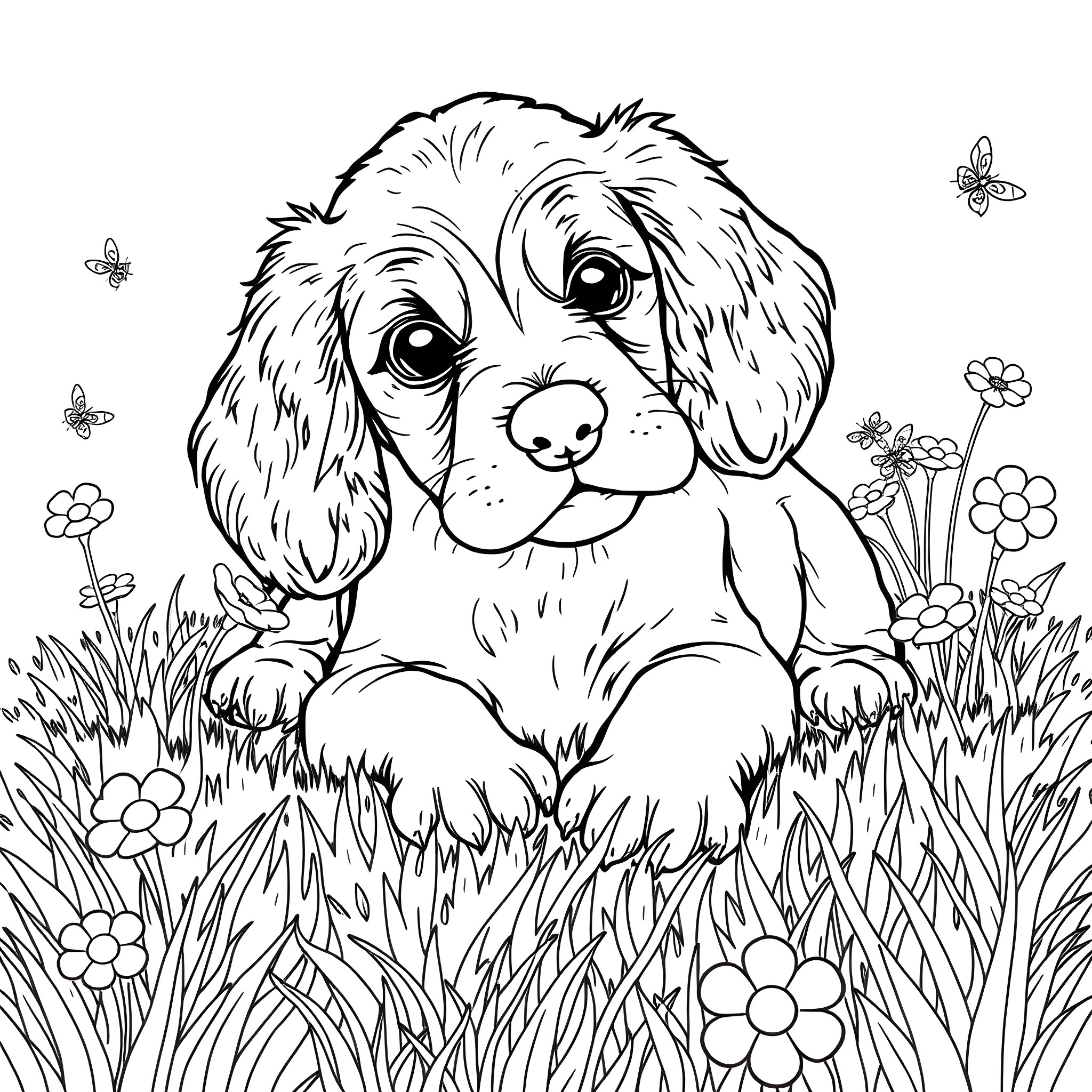 Cocker Spaniel puppy frolicking in a flower garden Coloring Page (free black-and-white line drawing printable PDF for all, from beginners to advanced learners, including children, teens, adults, and seniors)