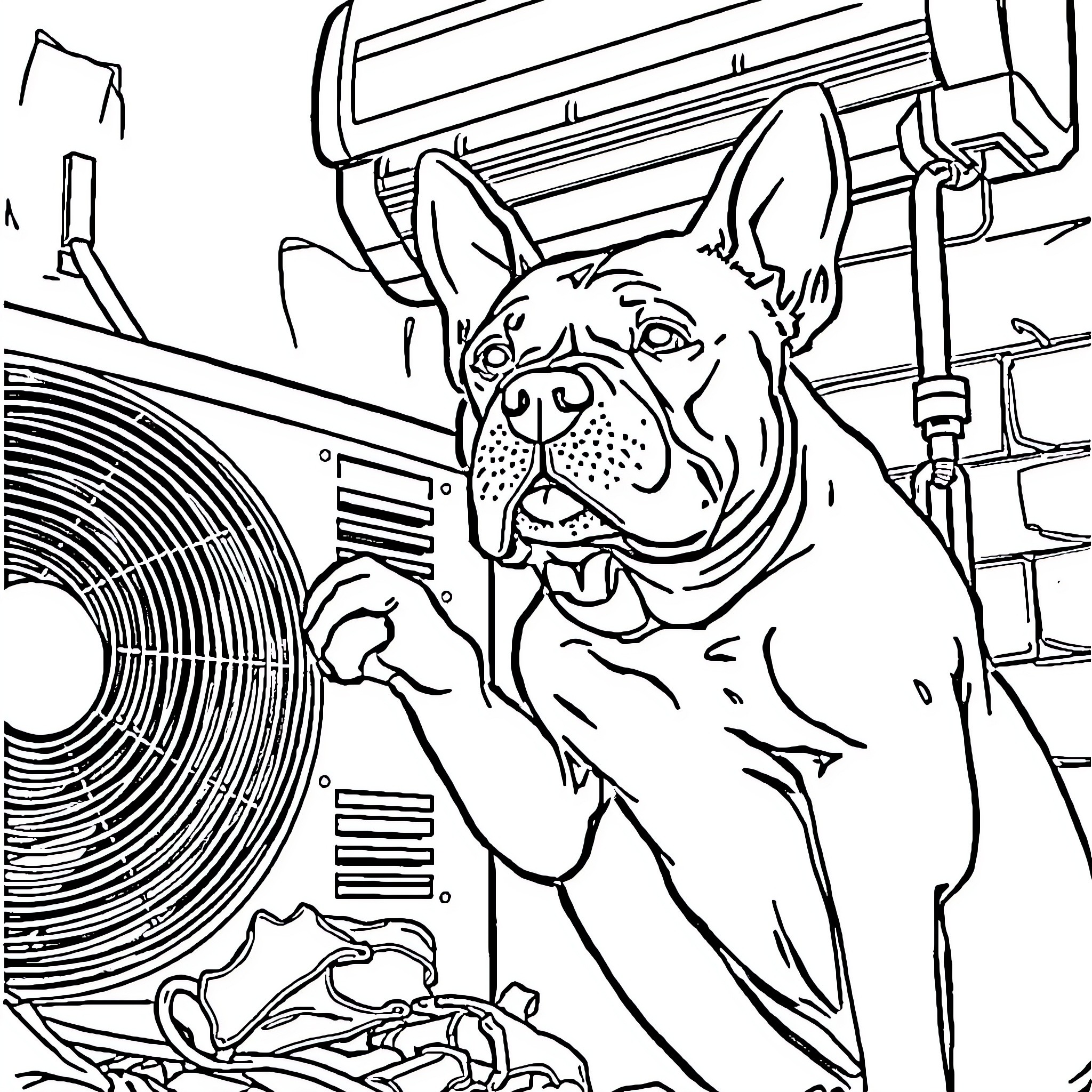 Pitbull enjoying the air conditioning on a hot day Coloring Page (free black-and-white line drawing printable PDF for all, from beginners to advanced learners, including children, teens, adults, and seniors)