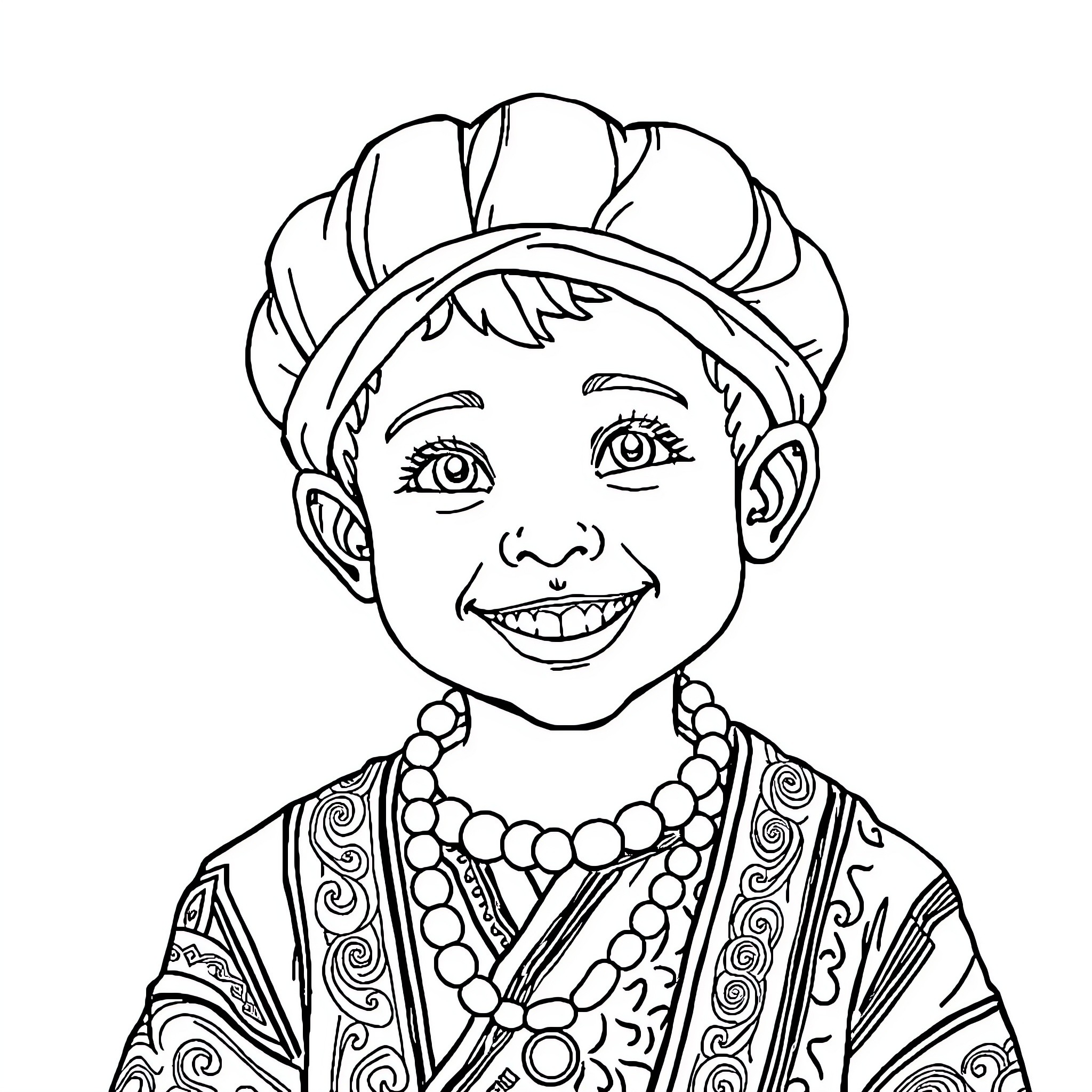 Sala of a Smiling Girl in Ornate Attire Coloring Page (free black-and-white line drawing printable PDF for all, from beginners to advanced learners, including children, teens, adults, and seniors)