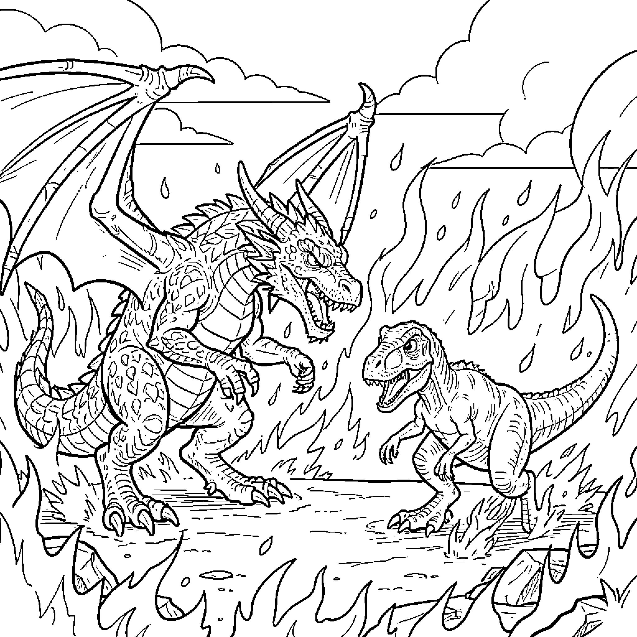 Dragon Engaging in Fierce Battle with Dinosaur Coloring Page (free black-and-white line drawing printable PDF for all, from beginners to advanced learners, including children, teens, adults, and seniors)