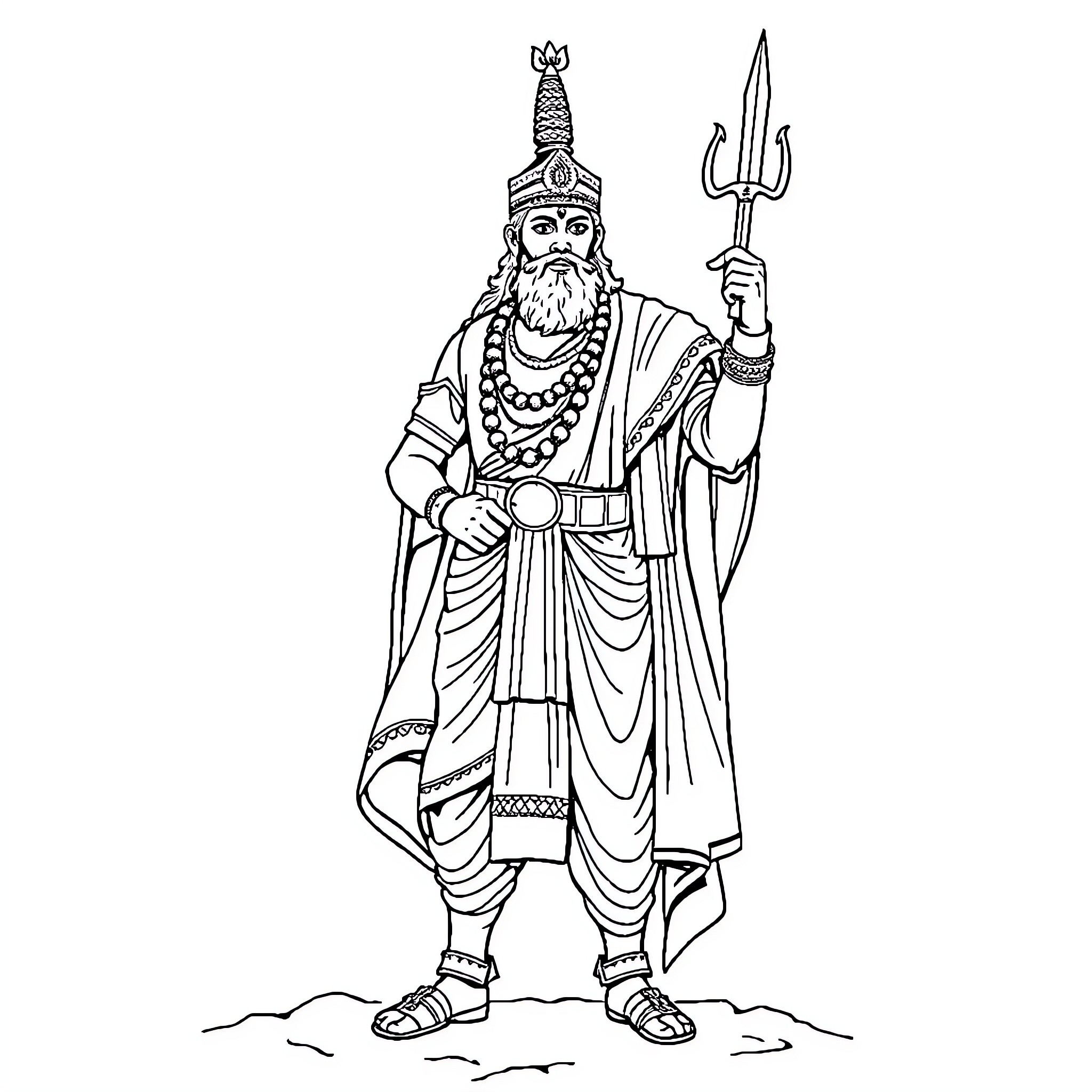 Chhatrapati Shivaji Maharaj in Regal Attire Holding Trident Coloring Page (free black-and-white line drawing printable PDF for all, from beginners to advanced learners, including children, teens, adults, and seniors)