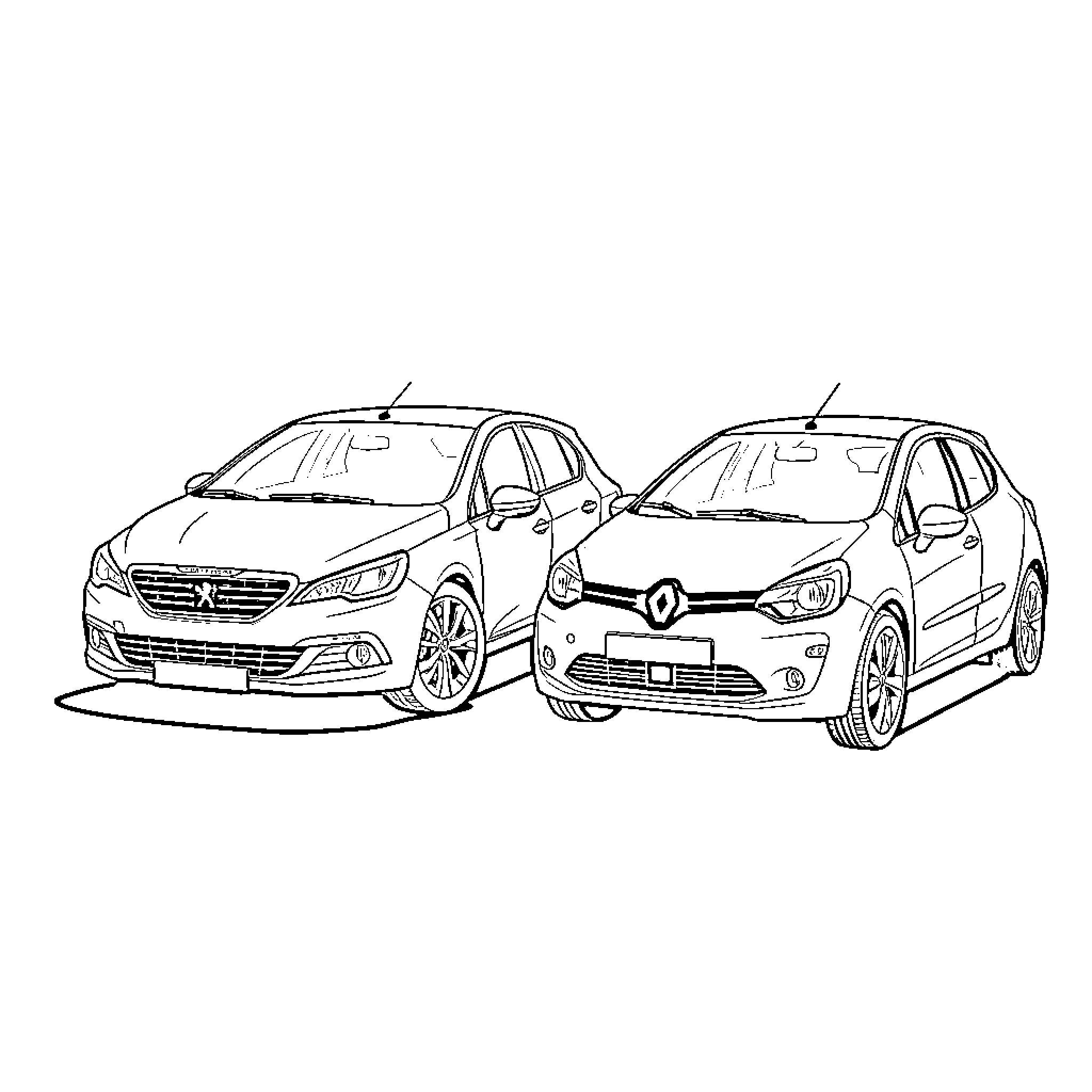 Peugeot and Renault cars parked side by side Coloring Page (free black-and-white line drawing printable PDF for all, from beginners to advanced learners, including children, teens, adults, and seniors)
